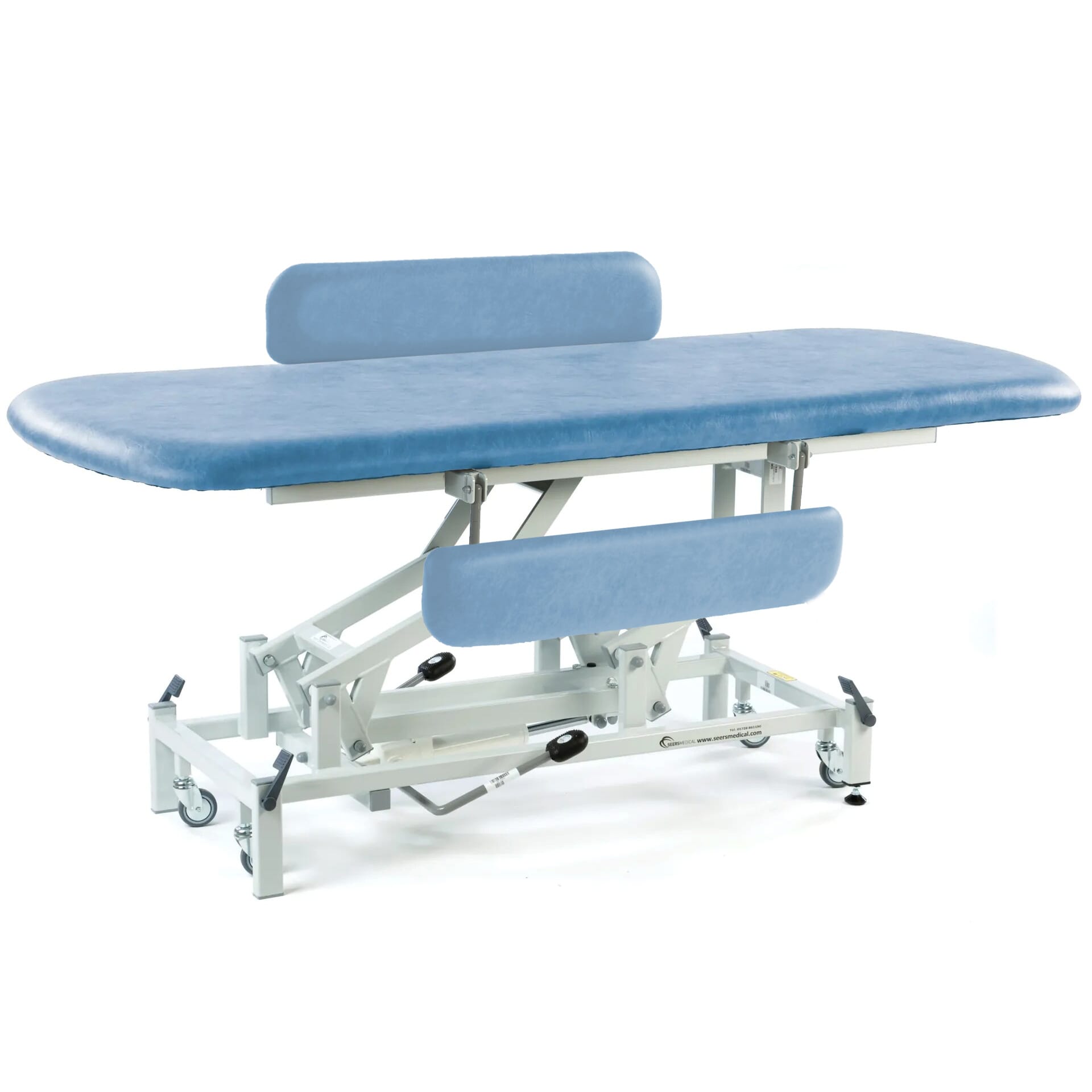 long hydraulic therapy hygiene table with retractable wheels and padded side rails sky blue