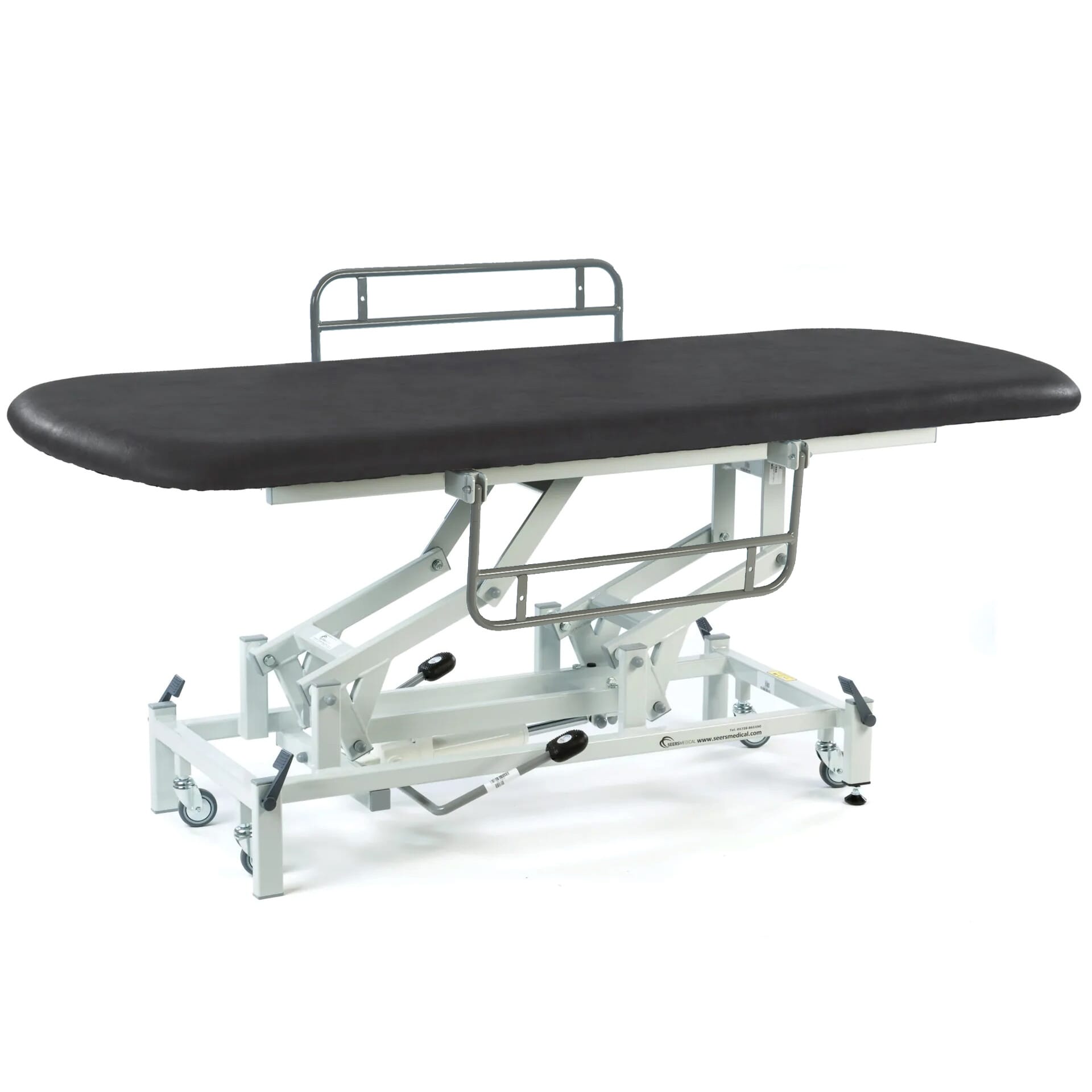 long hydraulic therapy hygiene table with retractable wheels and side rails black