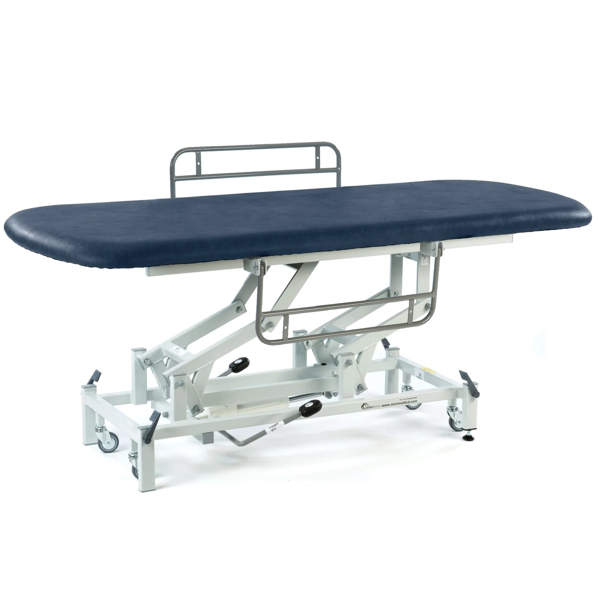 View Long Hydraulic Therapy Hygiene Table with Retractable Wheels and Side Rails Dark Blue information