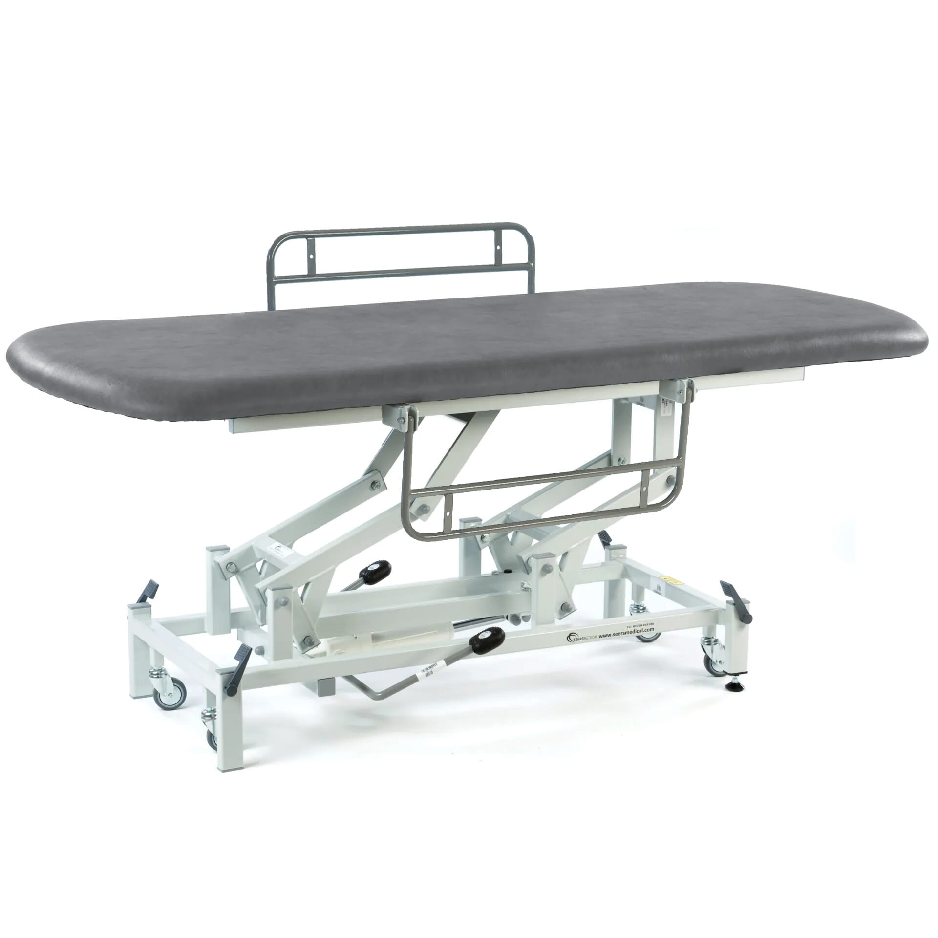 long hydraulic therapy hygiene table with retractable wheels and side rails dark grey
