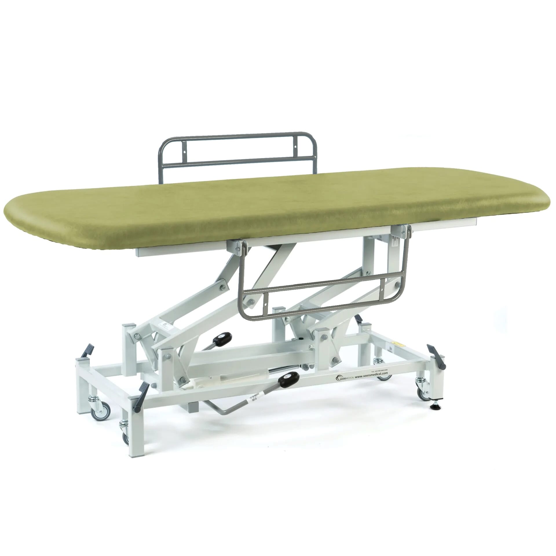 long hydraulic therapy hygiene table with retractable wheels and side rails olive