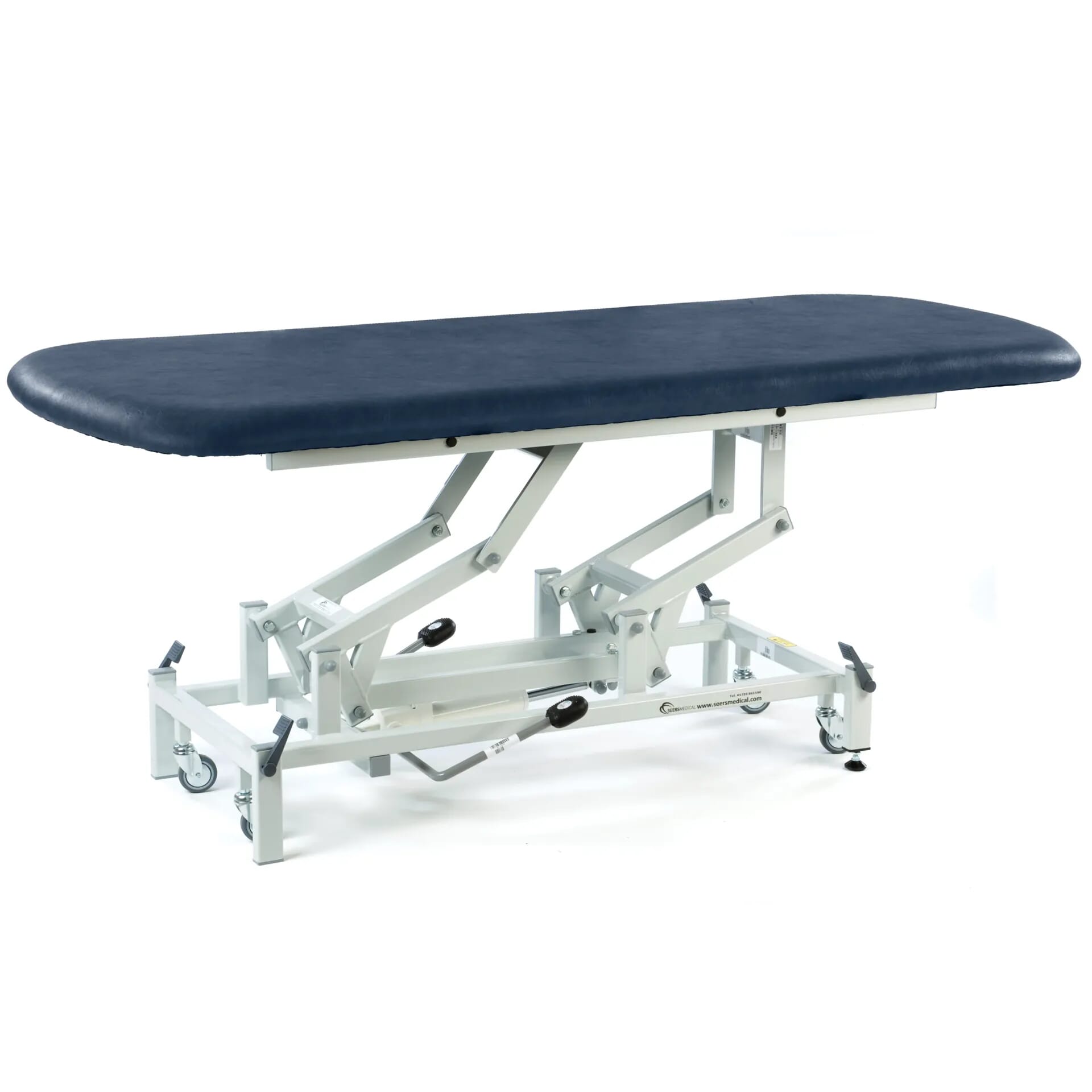 long hydraulic therapy hygiene table with retractable wheels dark blue
