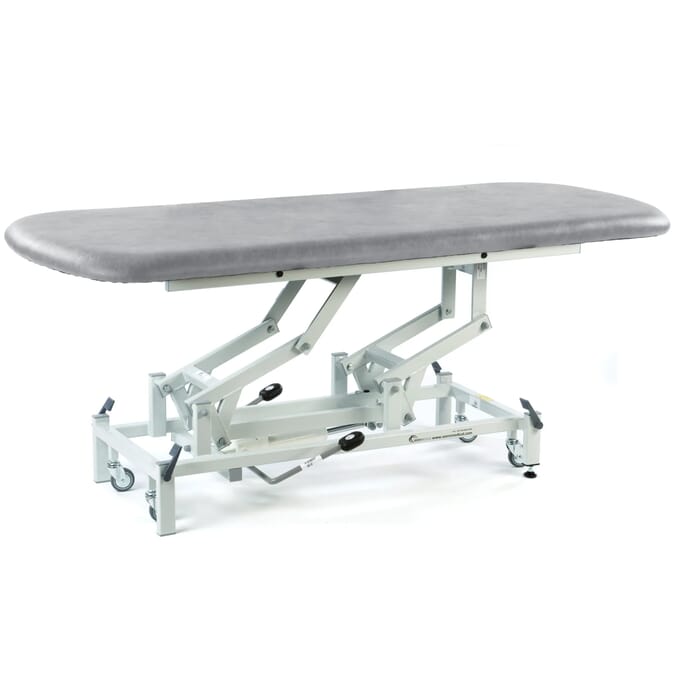 long hydraulic therapy hygiene table with retractable wheels light grey