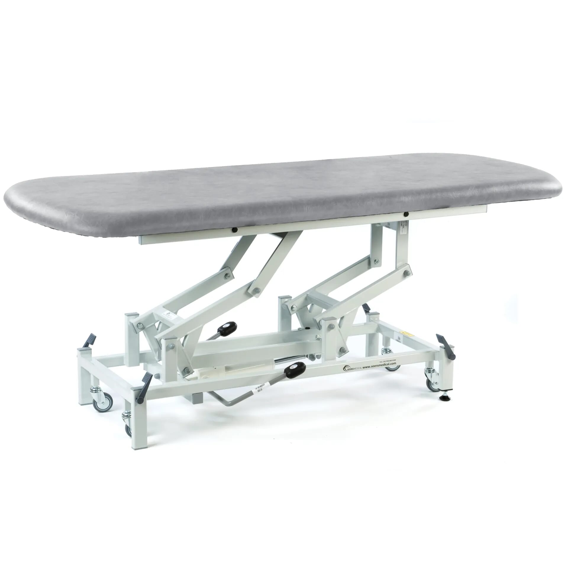 long hydraulic therapy hygiene table with retractable wheels light grey
