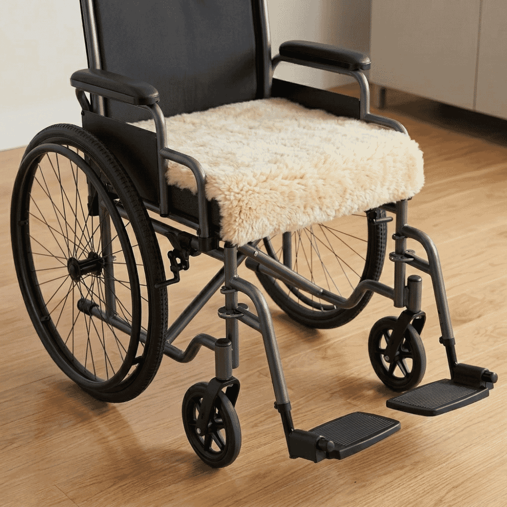 luxury fleece wheelchair cushion on wheelchair