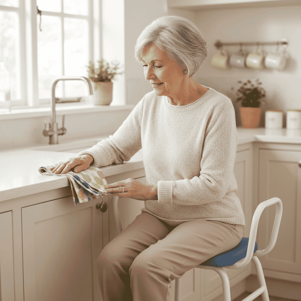 luxury perching stool with armrests in use