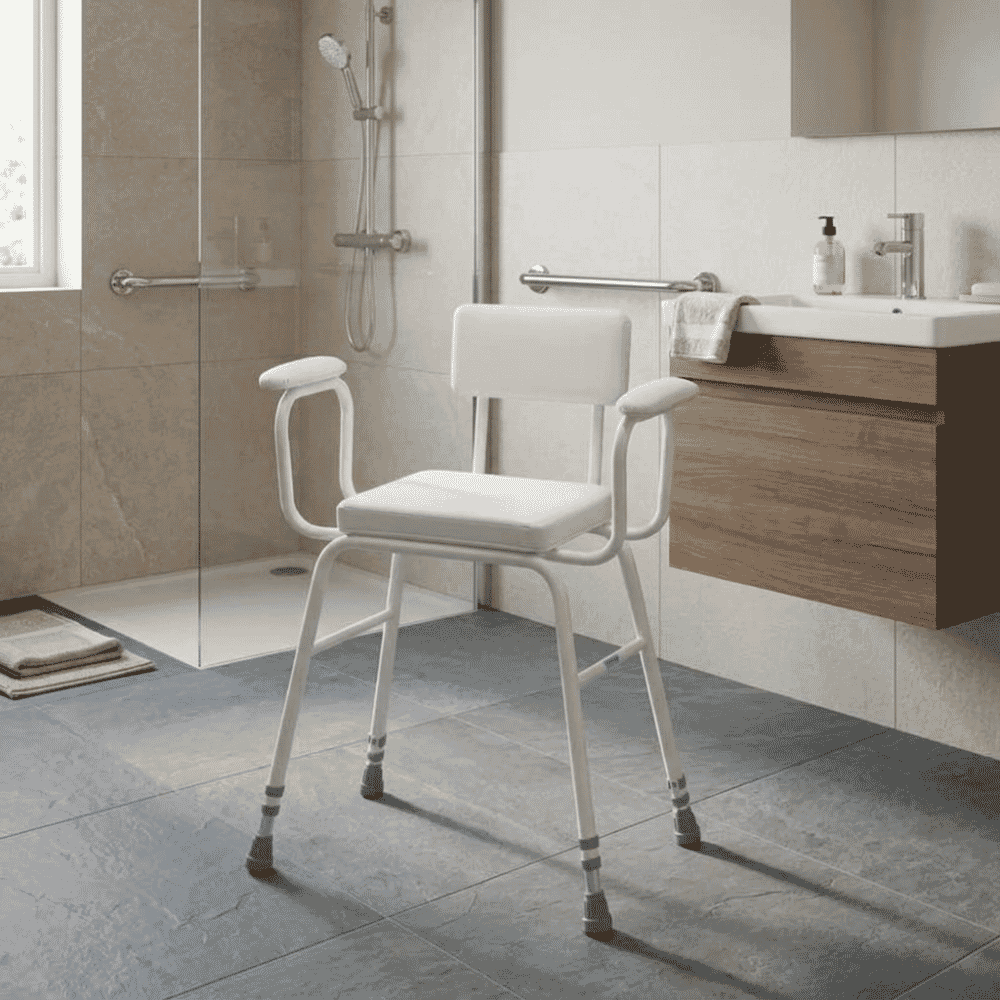 malvern padded perching stool with armrests and backrest bathroom