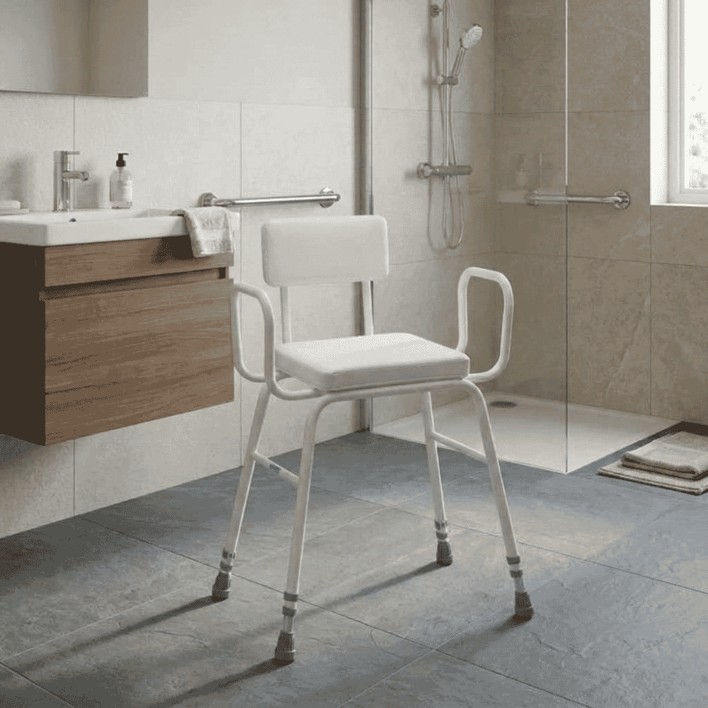 malvern vinyl seat perching stool adjustable height with armrests and padded backrest lifestyle