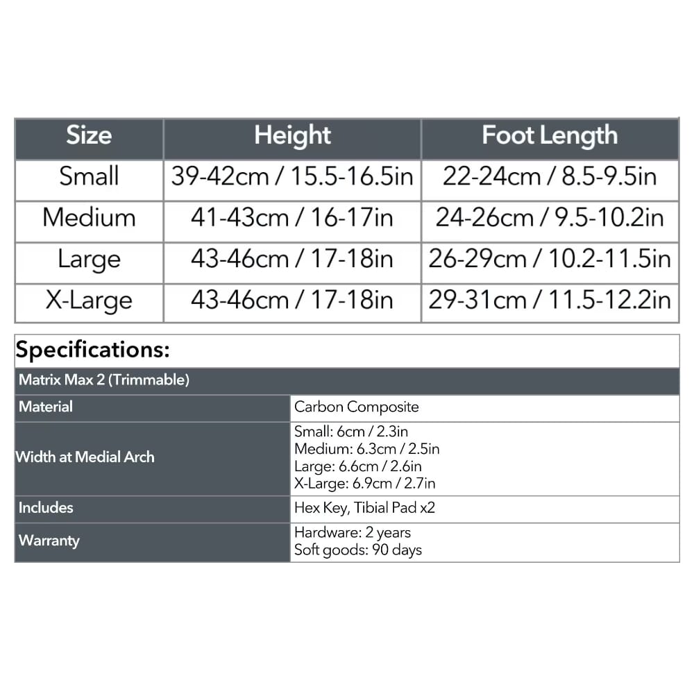 matrix max afo size guide