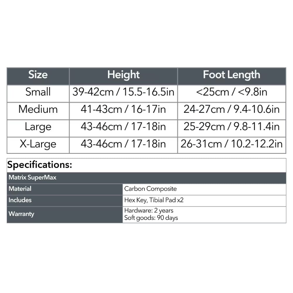 matrix supermax afo size guide