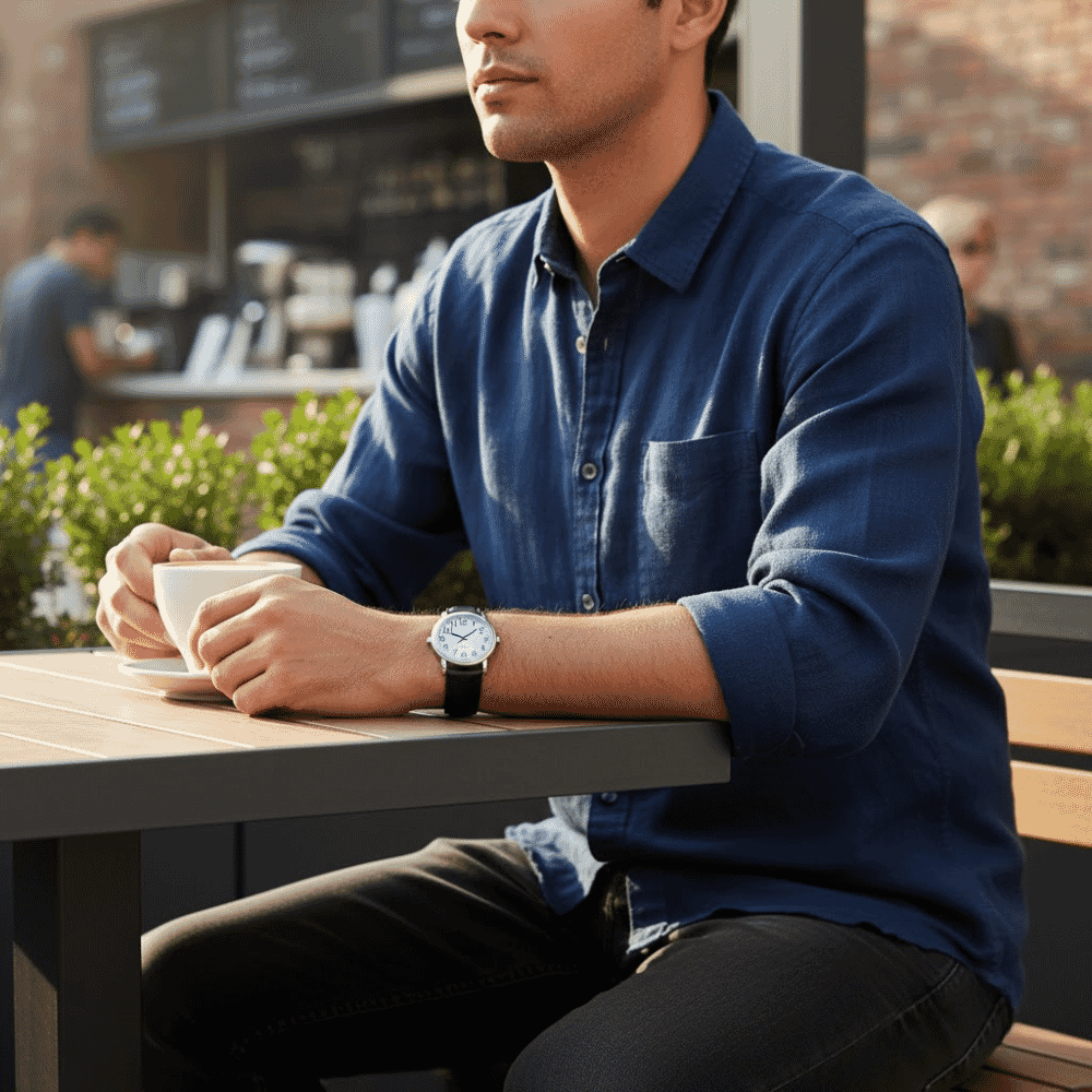 mens clear time watch in use