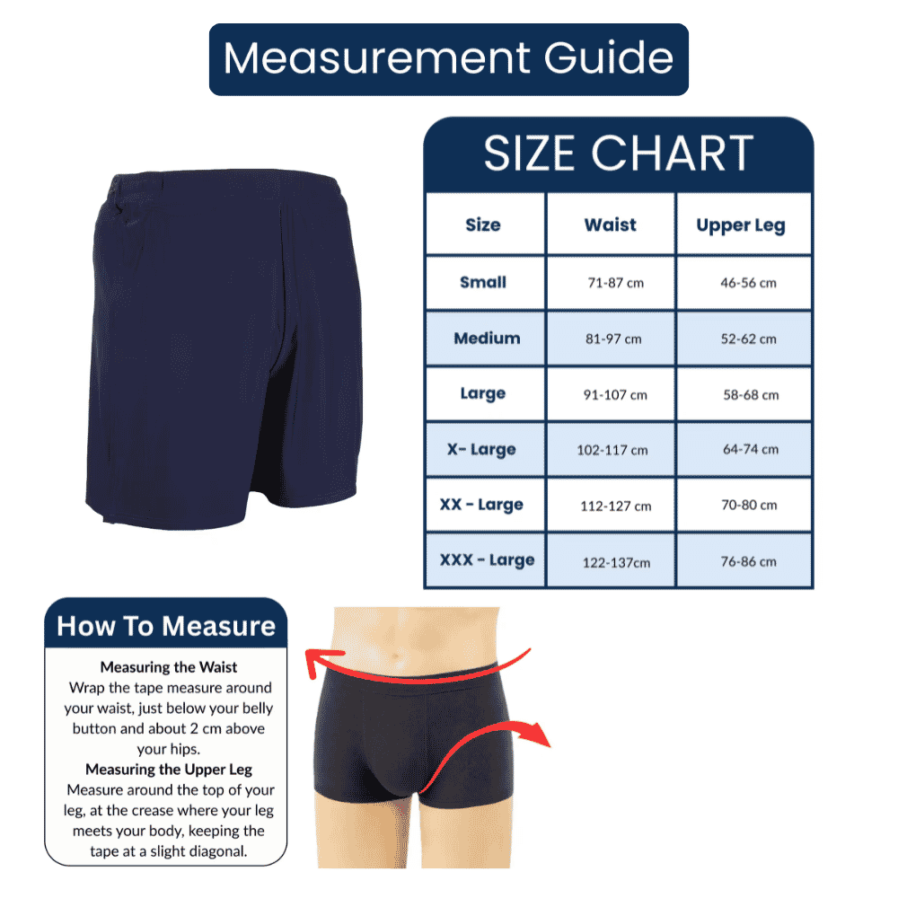 mens incontinence wrap swim shorts size guide