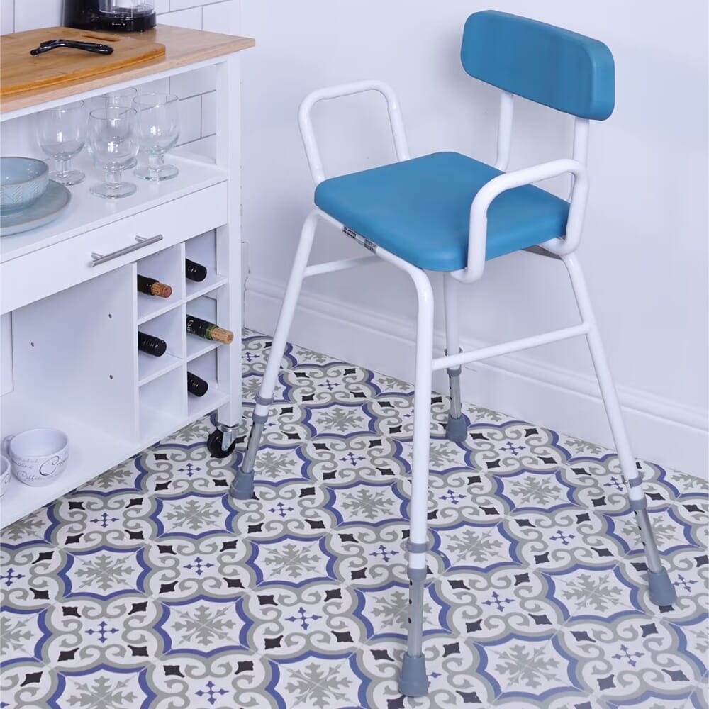 multi use perching stool with padded backrest in kitchen