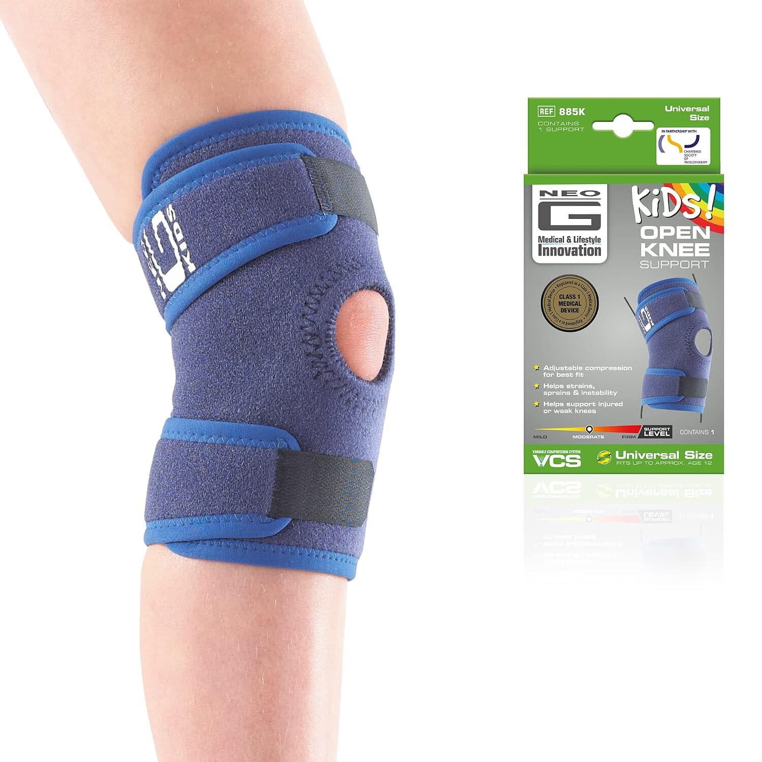 neo g kids open knee support with packaging