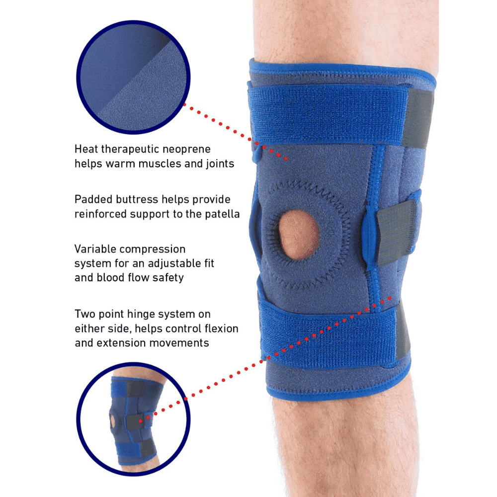 neo g stabilised hinged open knee support features