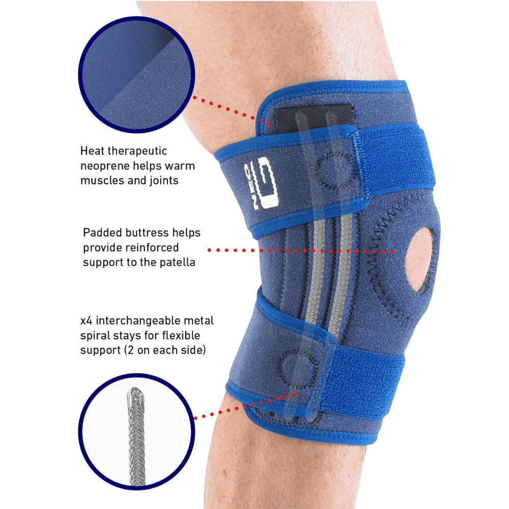 neo g stabilised open knee support features