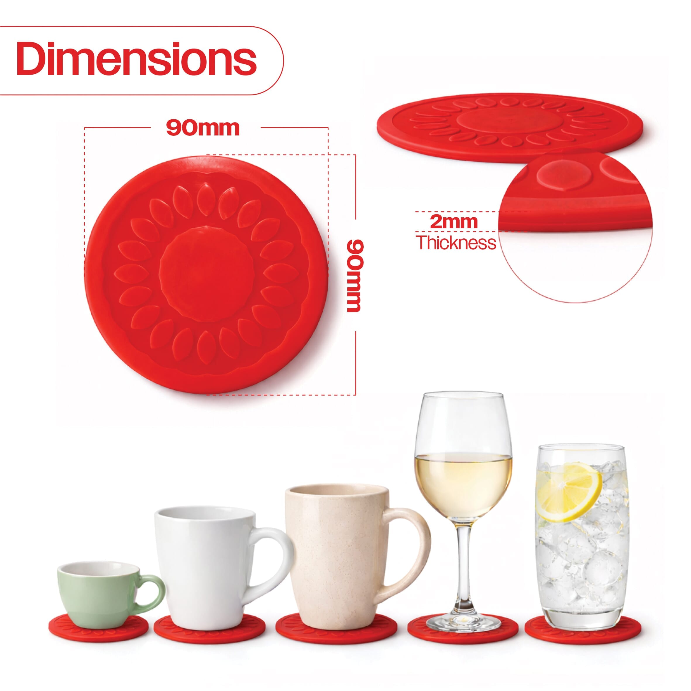 non slip silicone coaster pack of 4 red dimensions