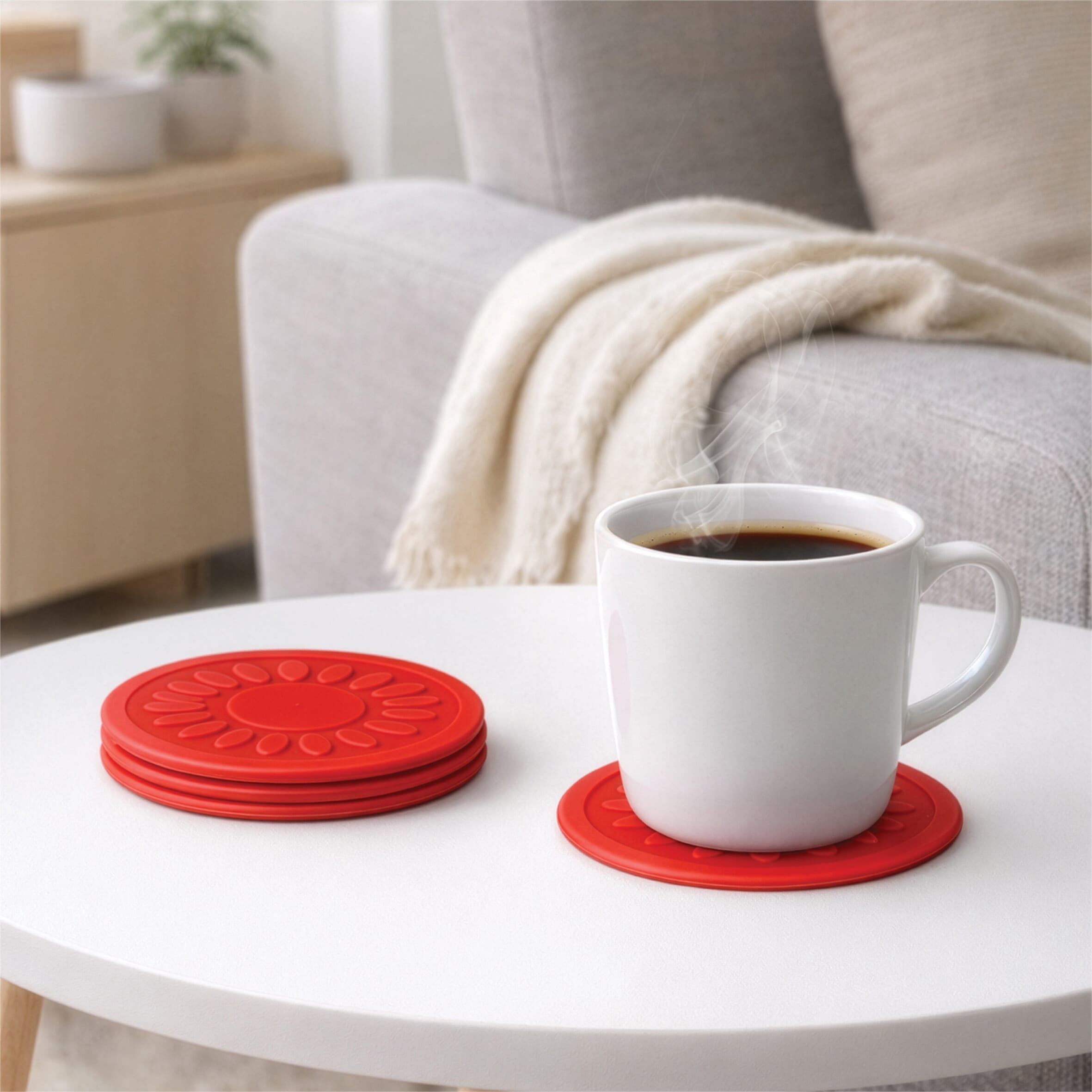 non slip silicone coaster pack of 4 red lifestyle