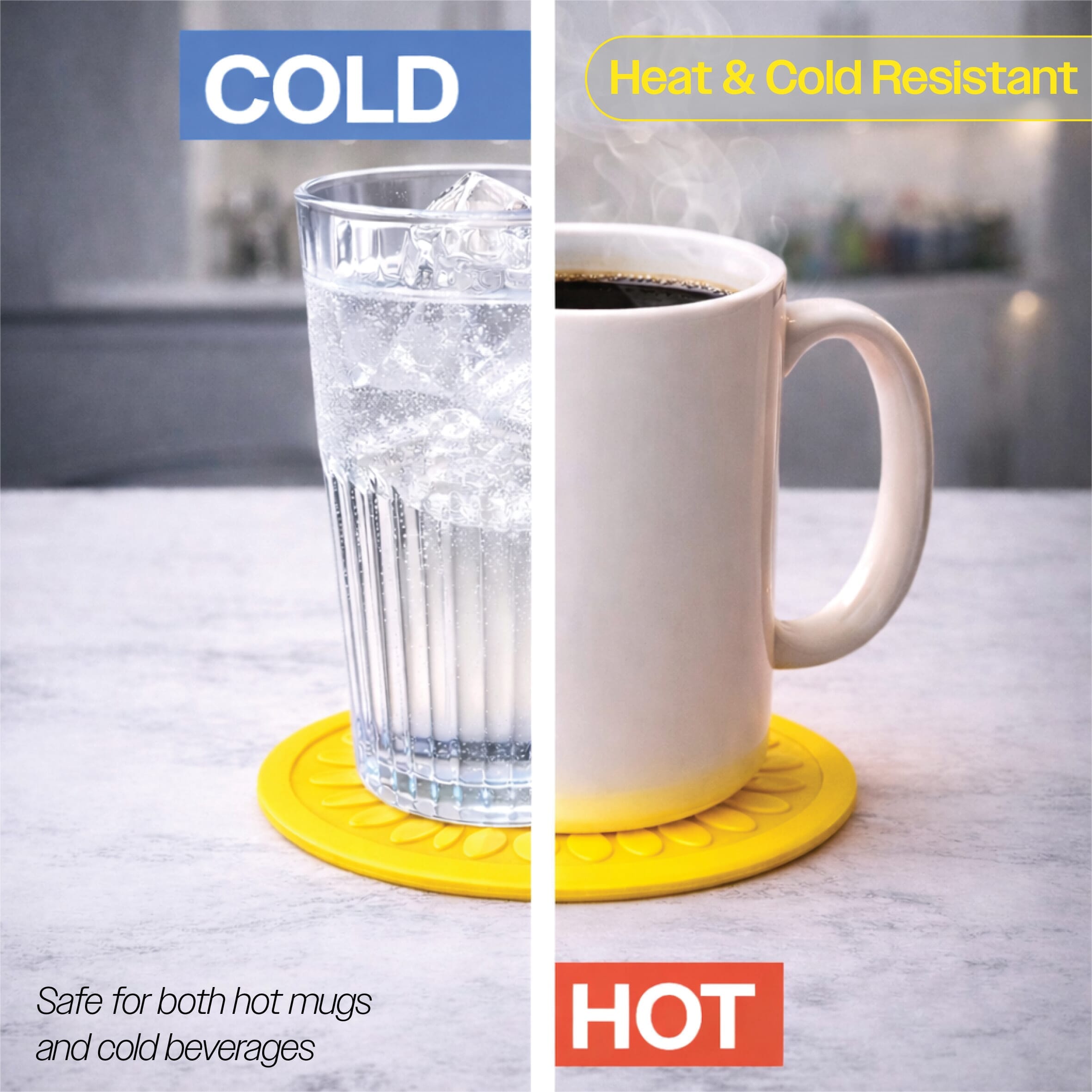 non slip silicone coaster pack of 4 yellow hot or cold