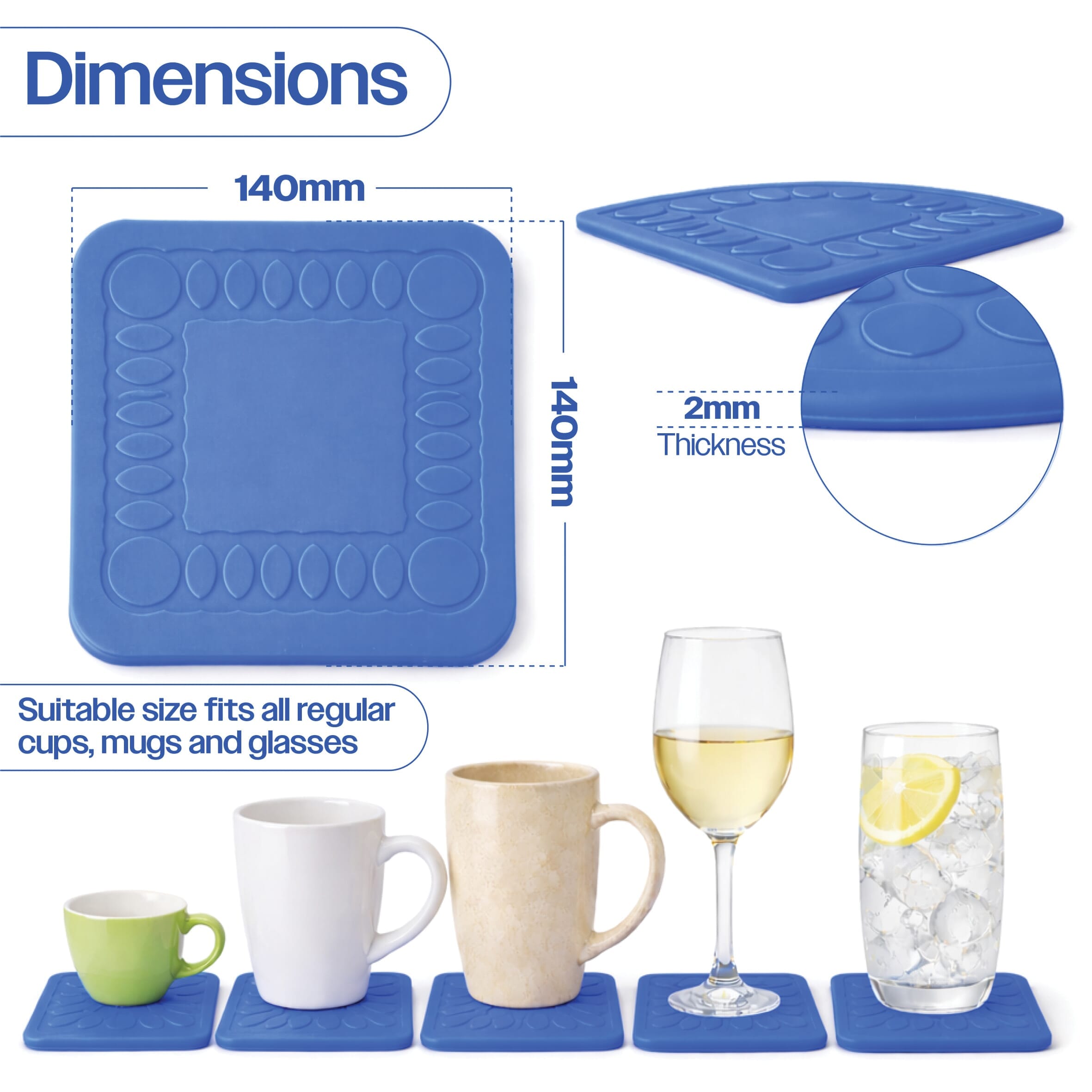 non slip square silicone coaster pack of 4 14cm blue dimensiosn