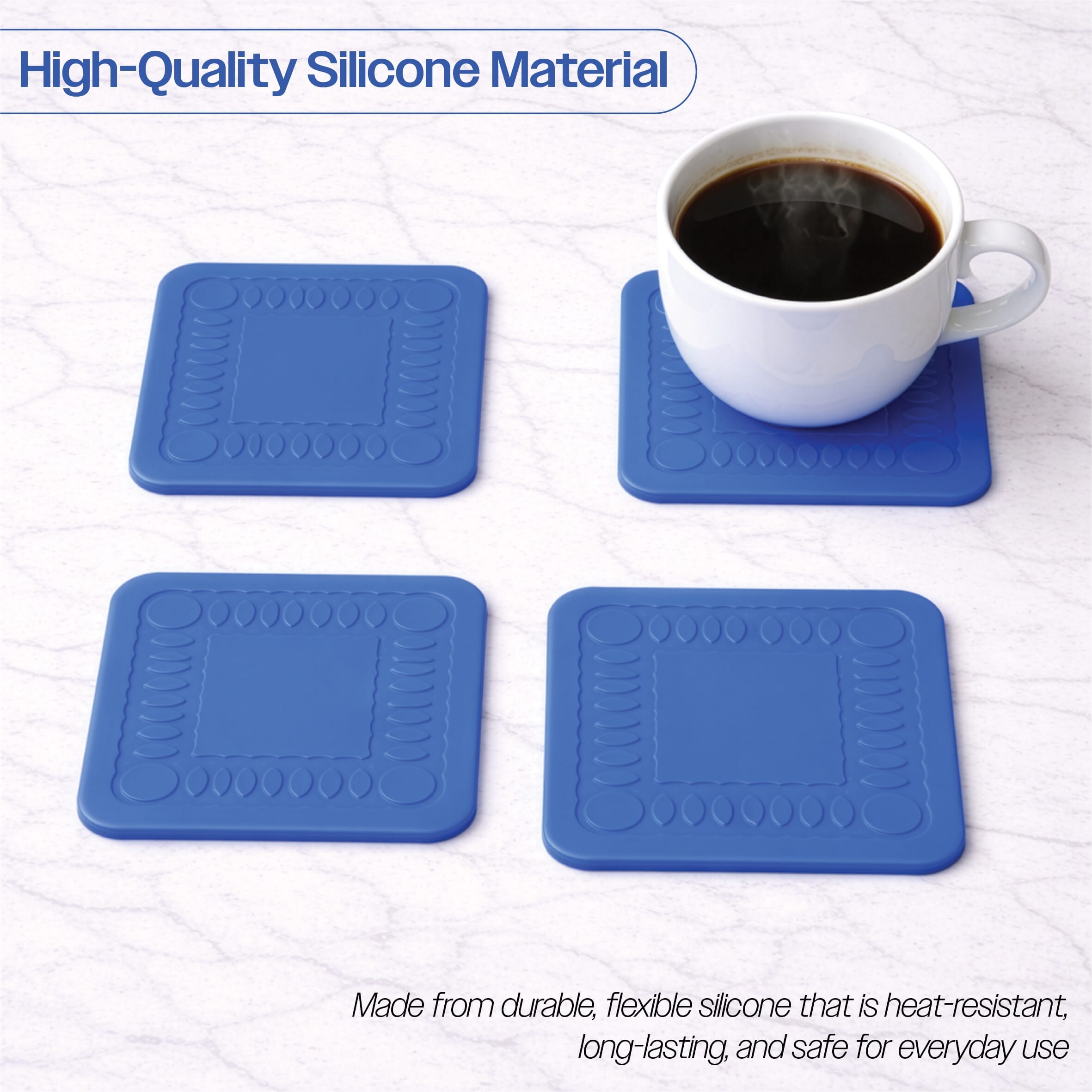 non slip square silicone coaster pack of 4 14cm blue high quality