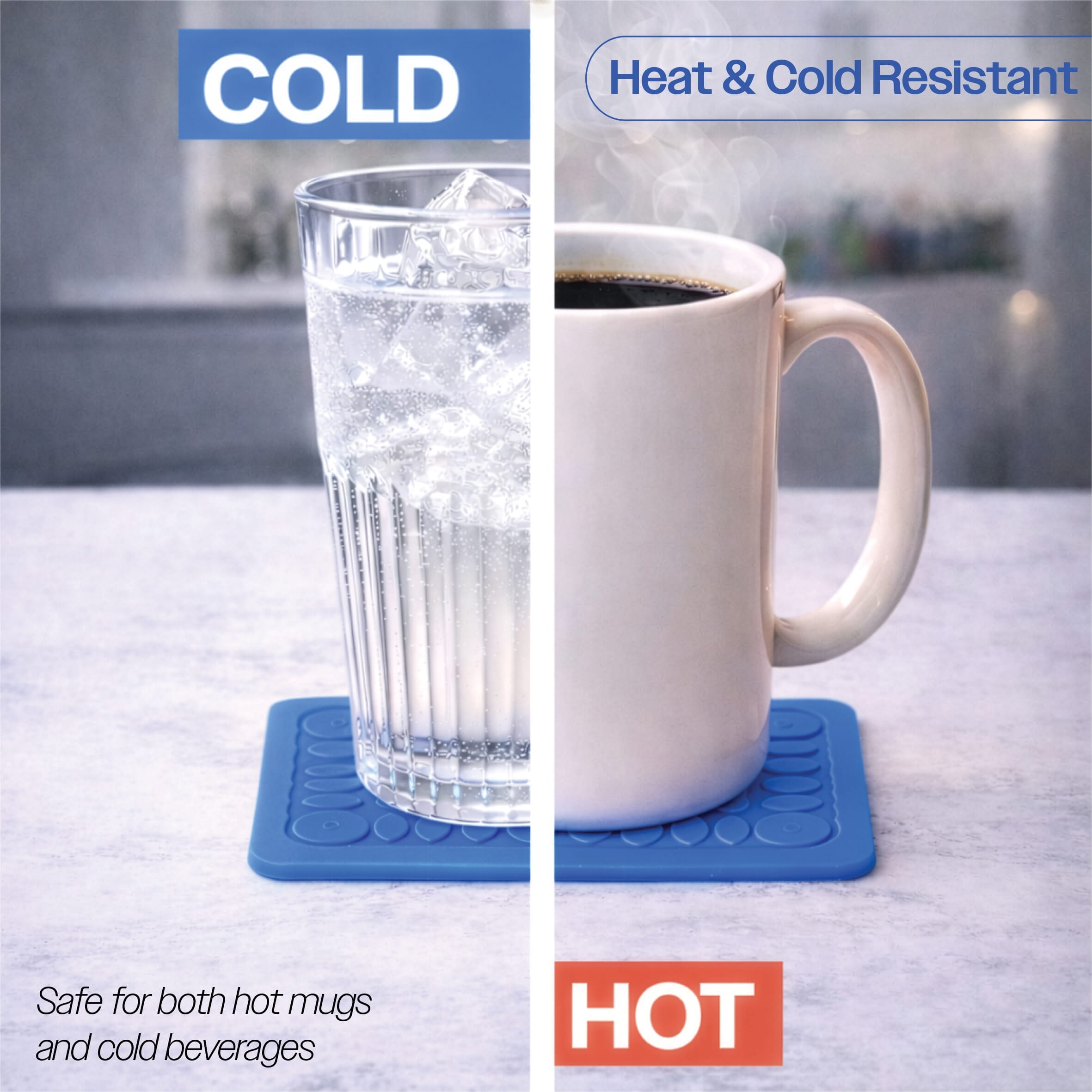 non slip square silicone coaster pack of 4 14cm blue hot or cold