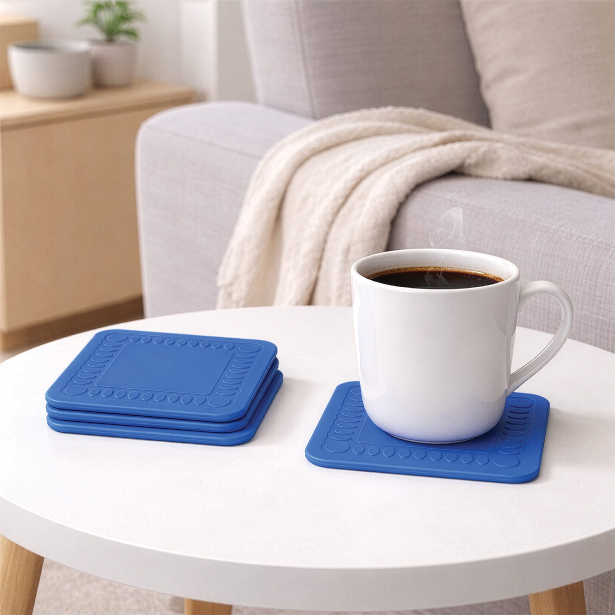non slip square silicone coaster pack of 4 14cm blue lifestyle