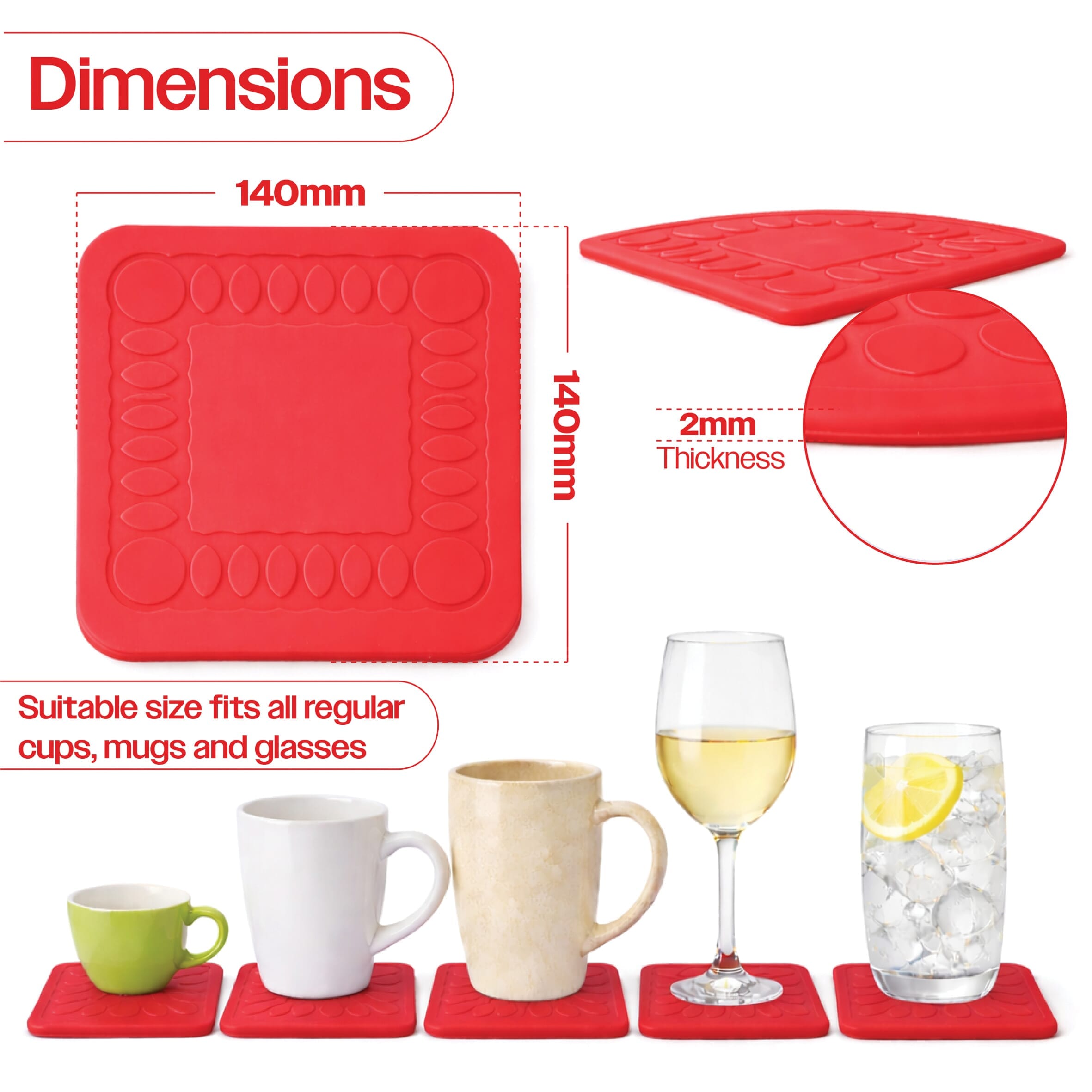 non slip square silicone coaster pack of 4 14cm red dimensions
