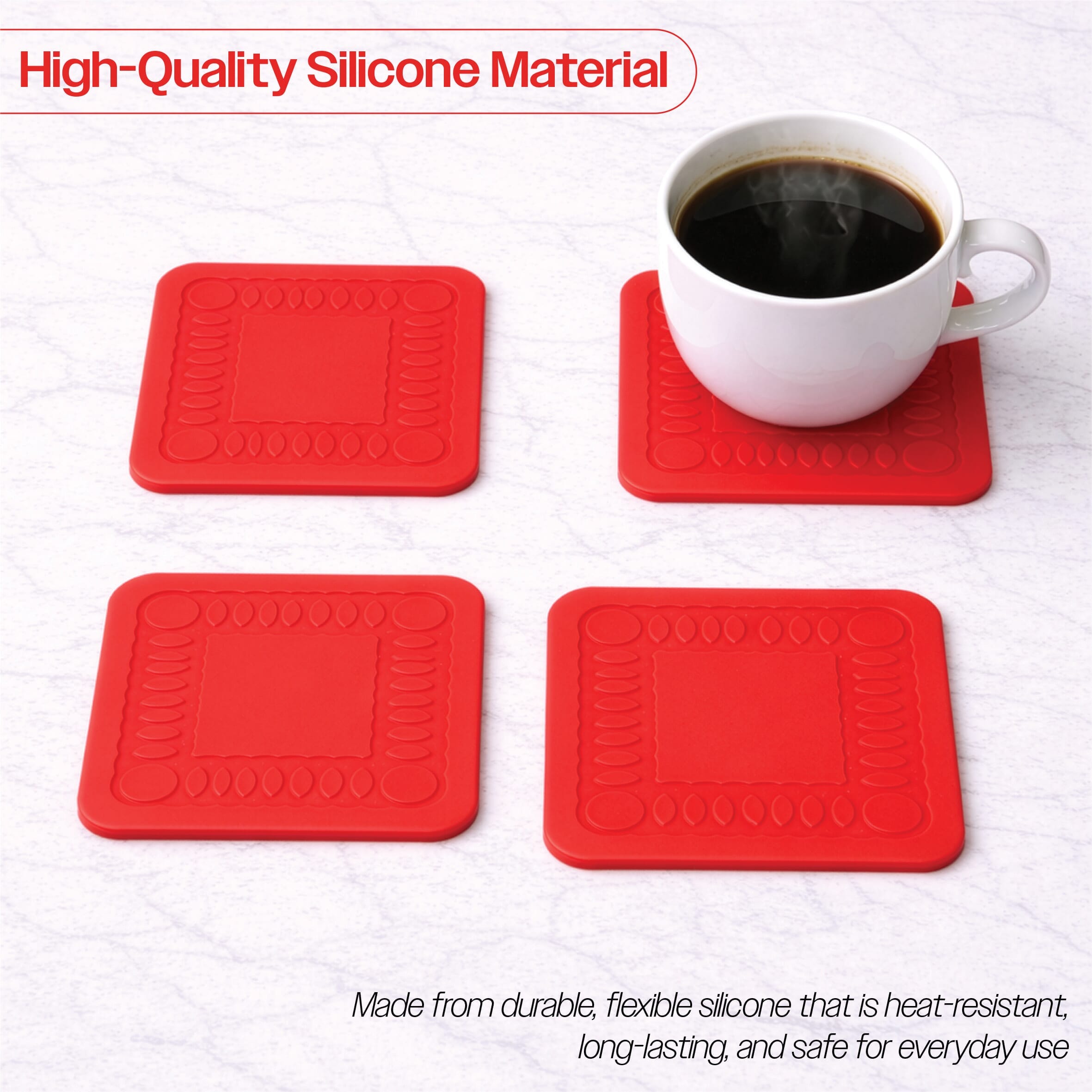 non slip square silicone coaster pack of 4 14cm red high quality
