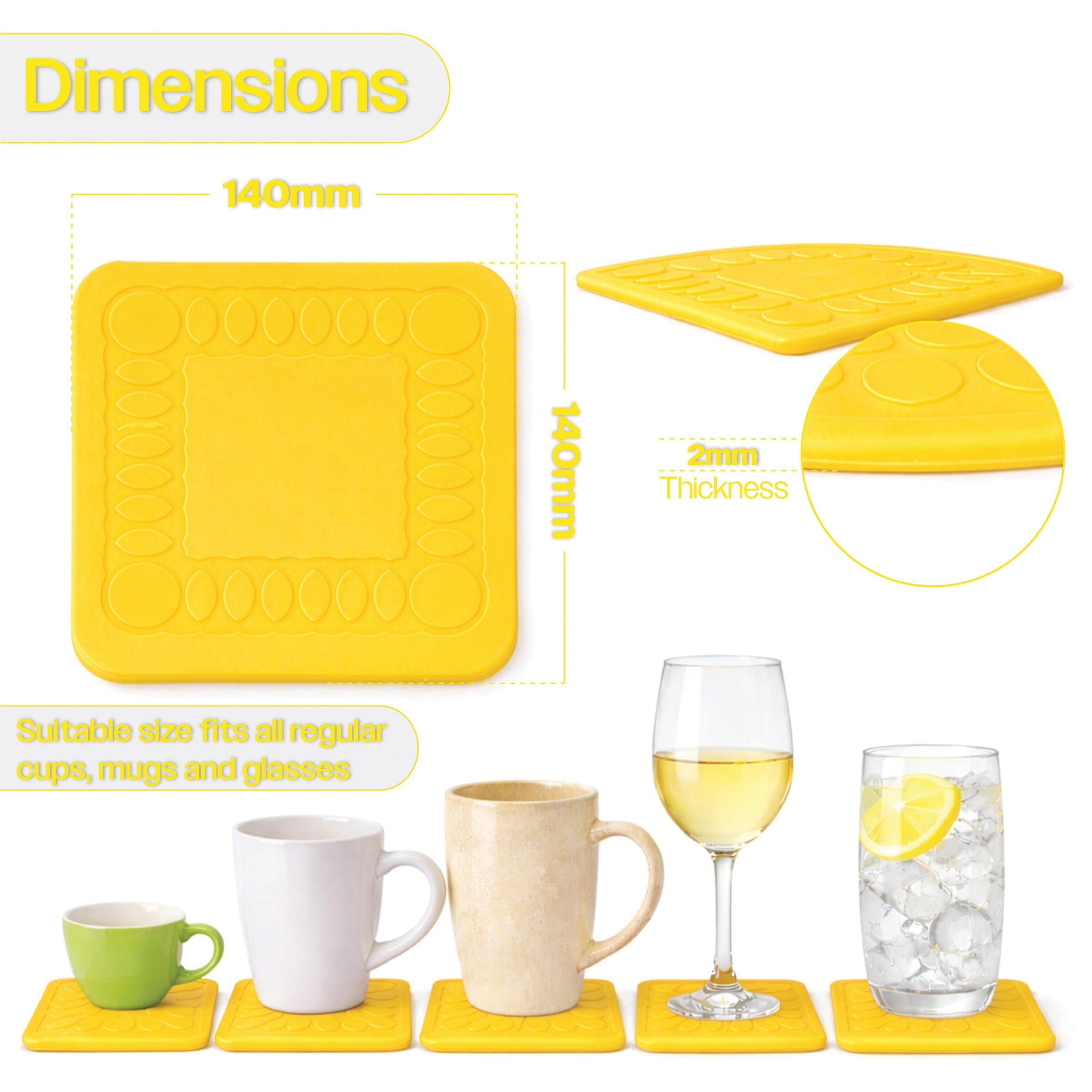 non slip square silicone coaster pack of 4 14cm yellow dimension