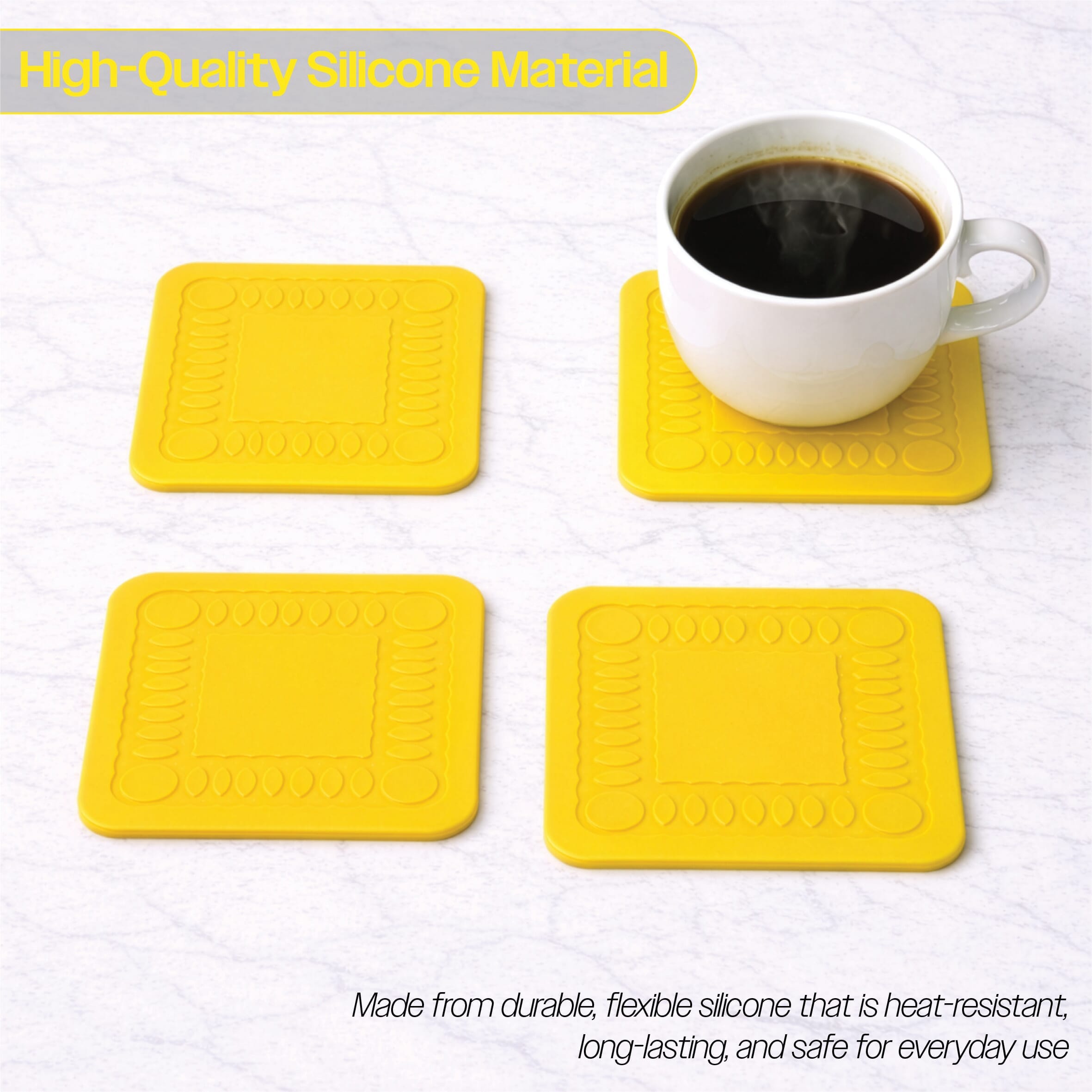 non slip square silicone coaster pack of 4 14cm yellow high quality
