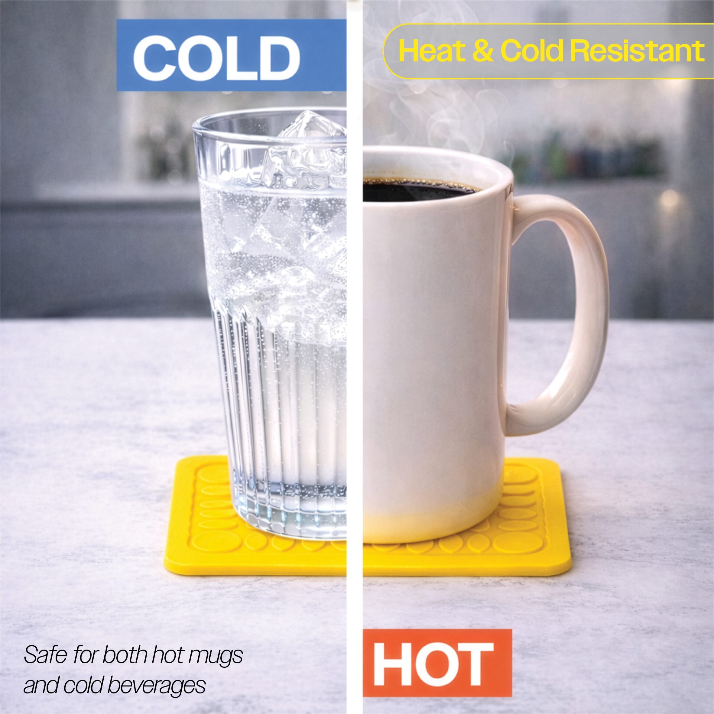 non slip square silicone coaster pack of 4 14cm yellow hot or cold