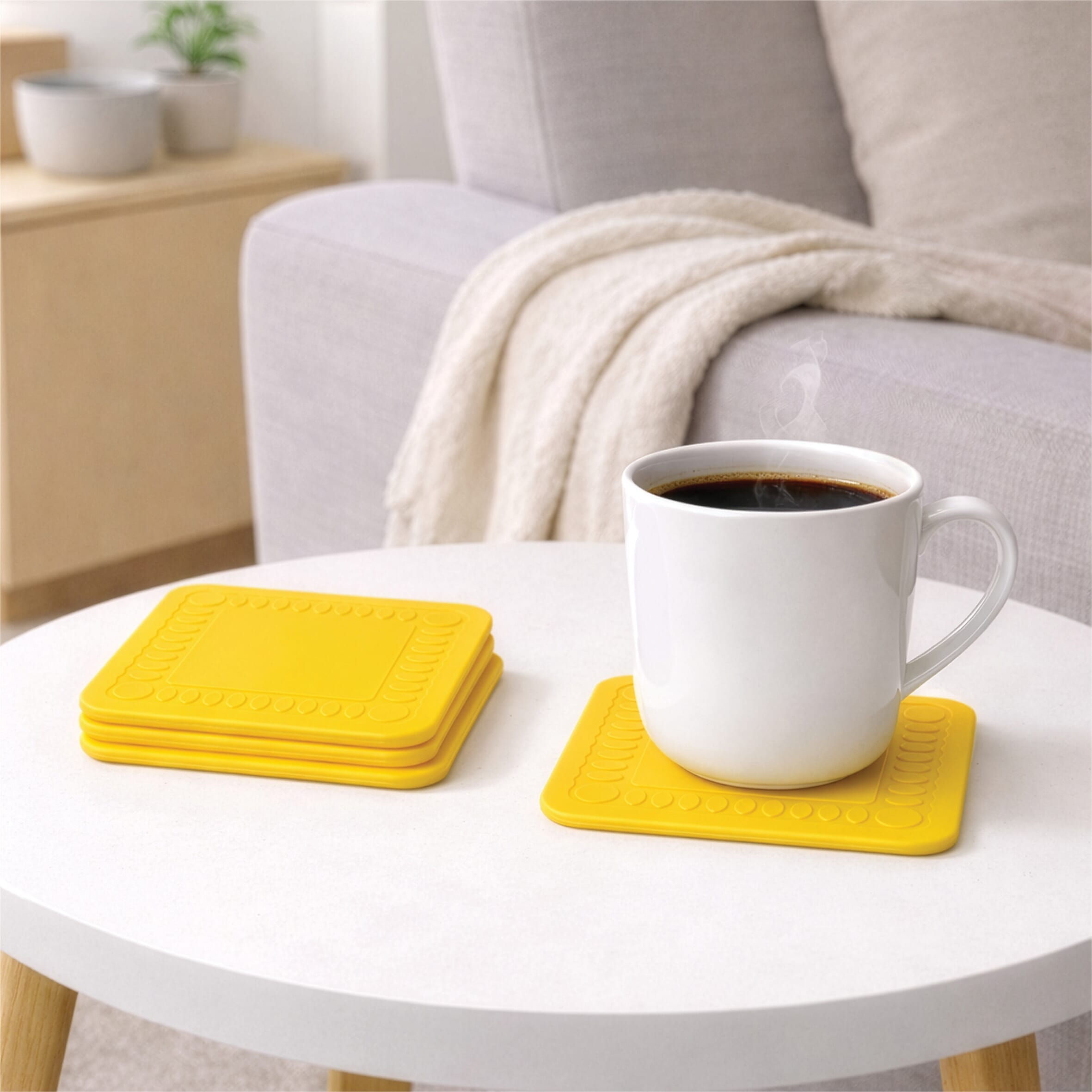 non slip square silicone coaster pack of 4 14cm yellow lifestyle