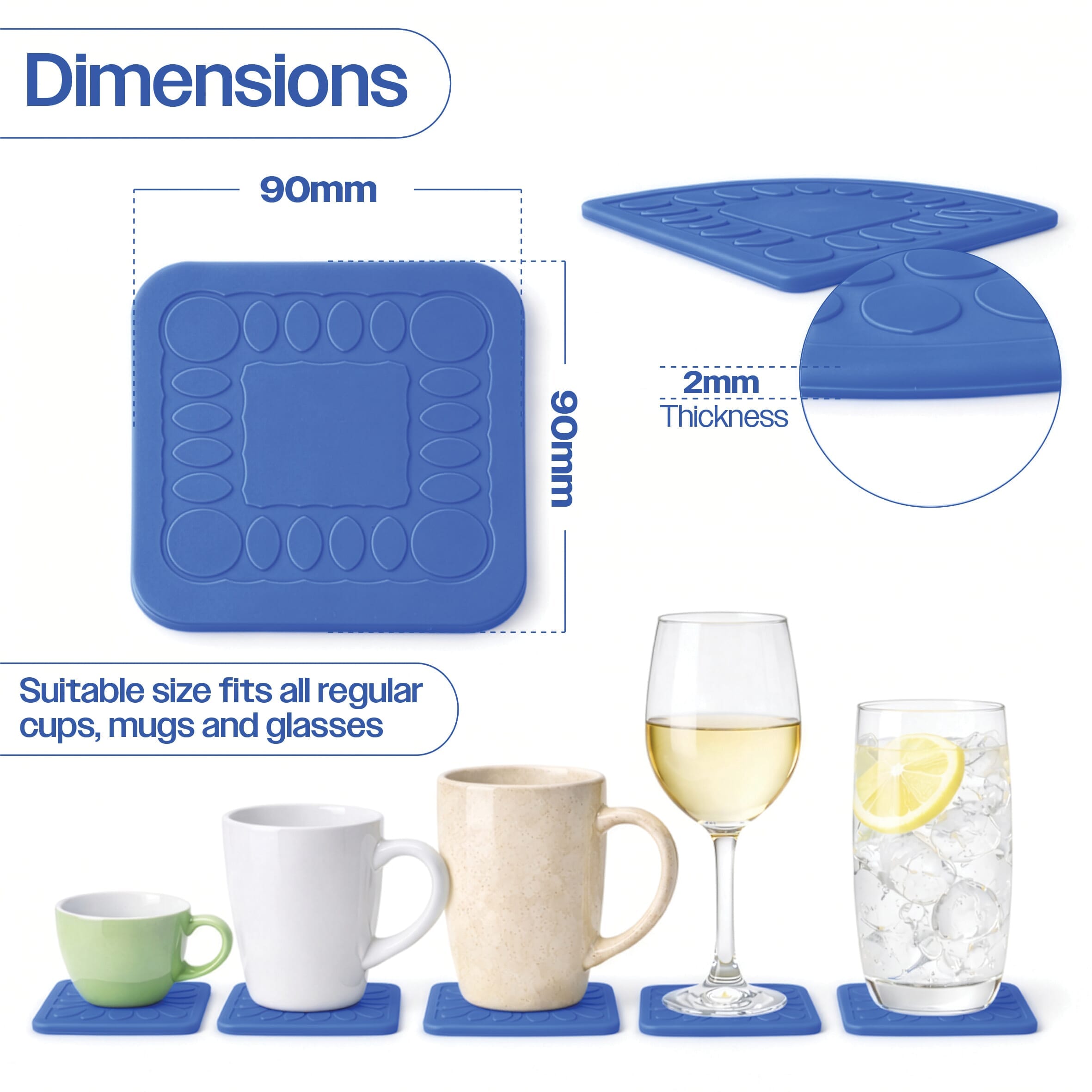 non slip square silicone coaster pack of 4 9cm blue dimensions