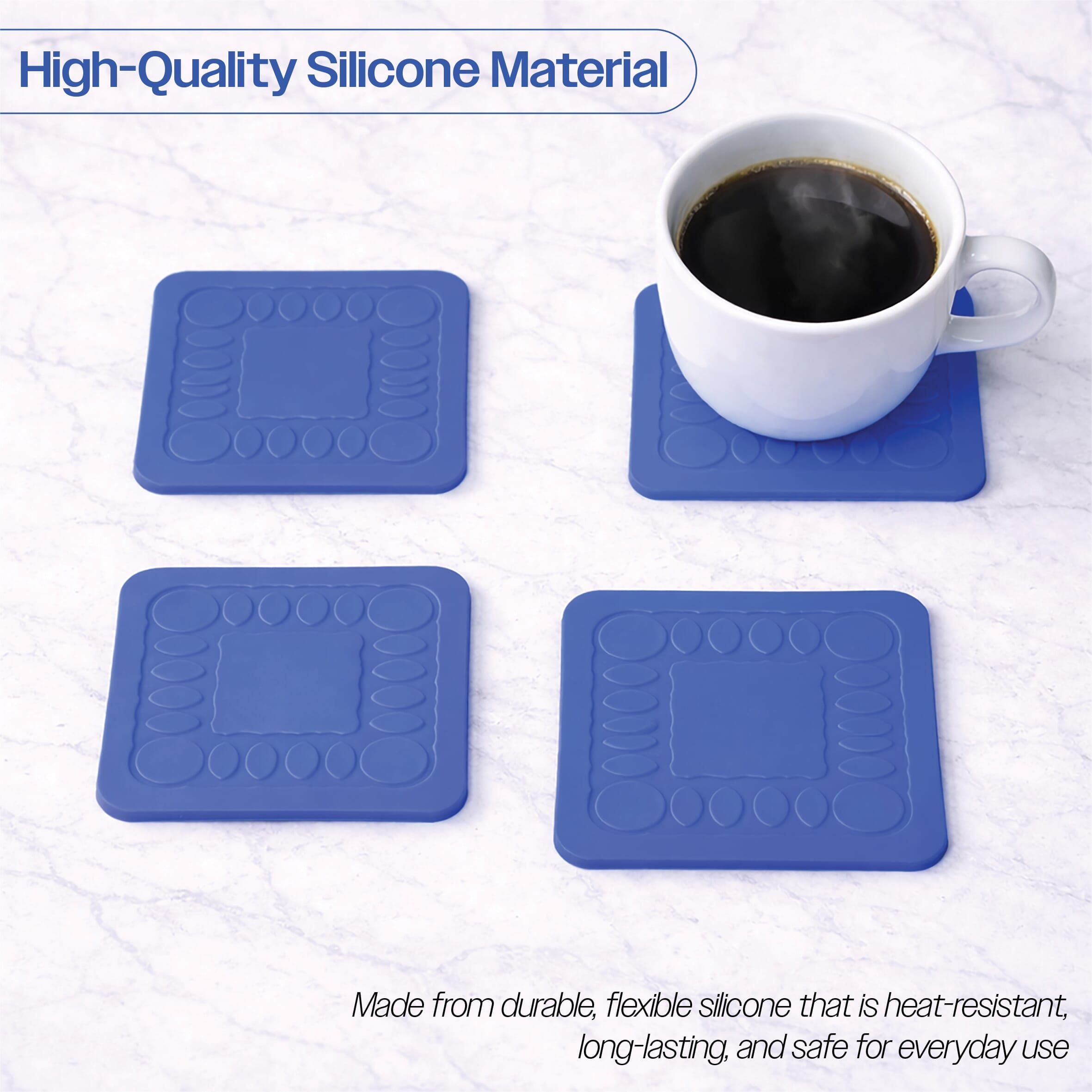 non slip square silicone coaster pack of 4 9cm blue high quality