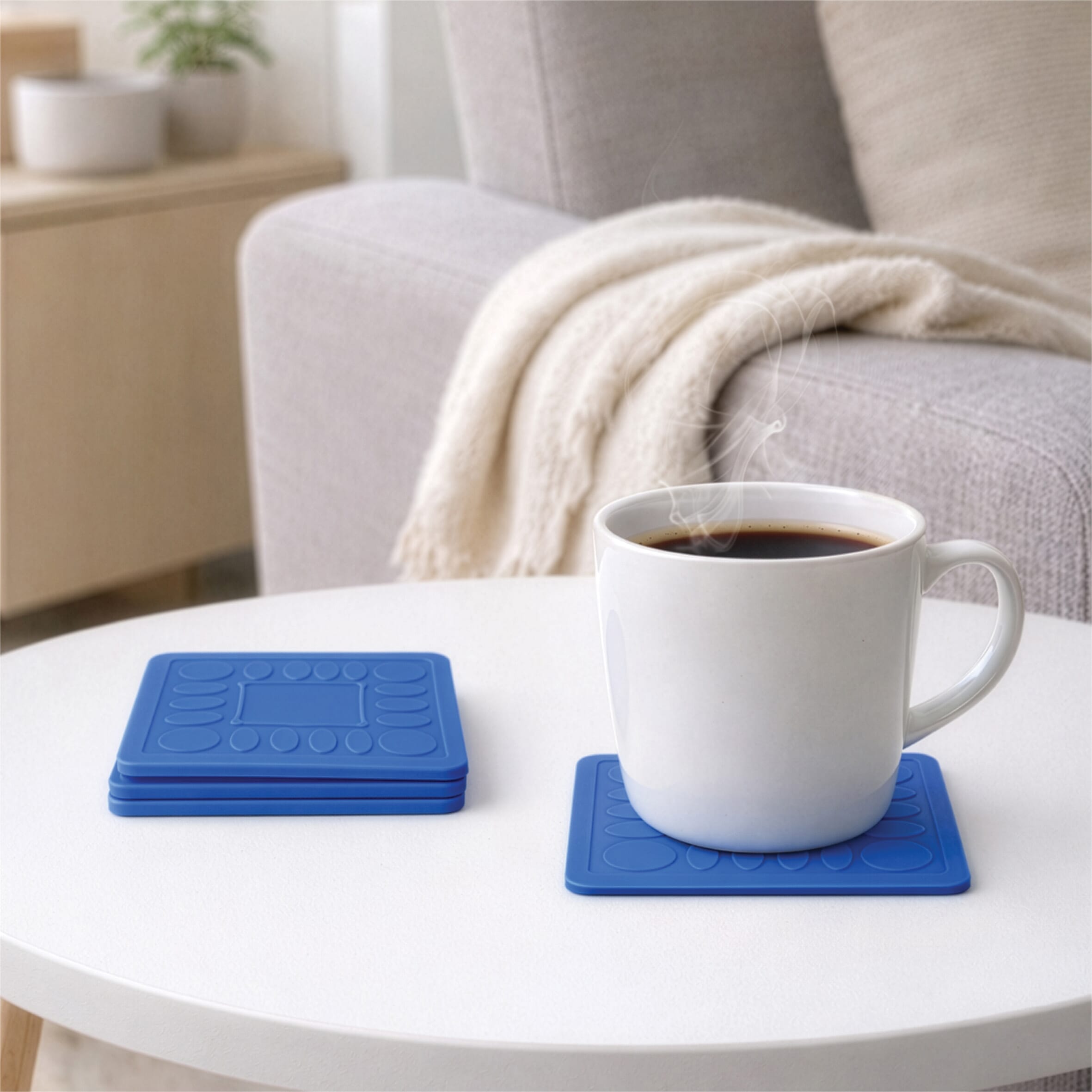 non slip square silicone coaster pack of 4 9cm blue lifestyle