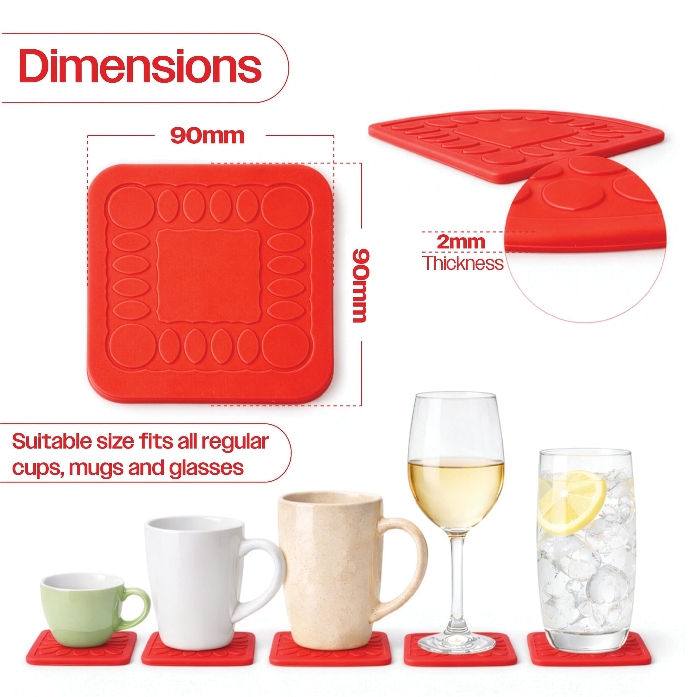 non slip square silicone coaster pack of 4 9cm red dimensions