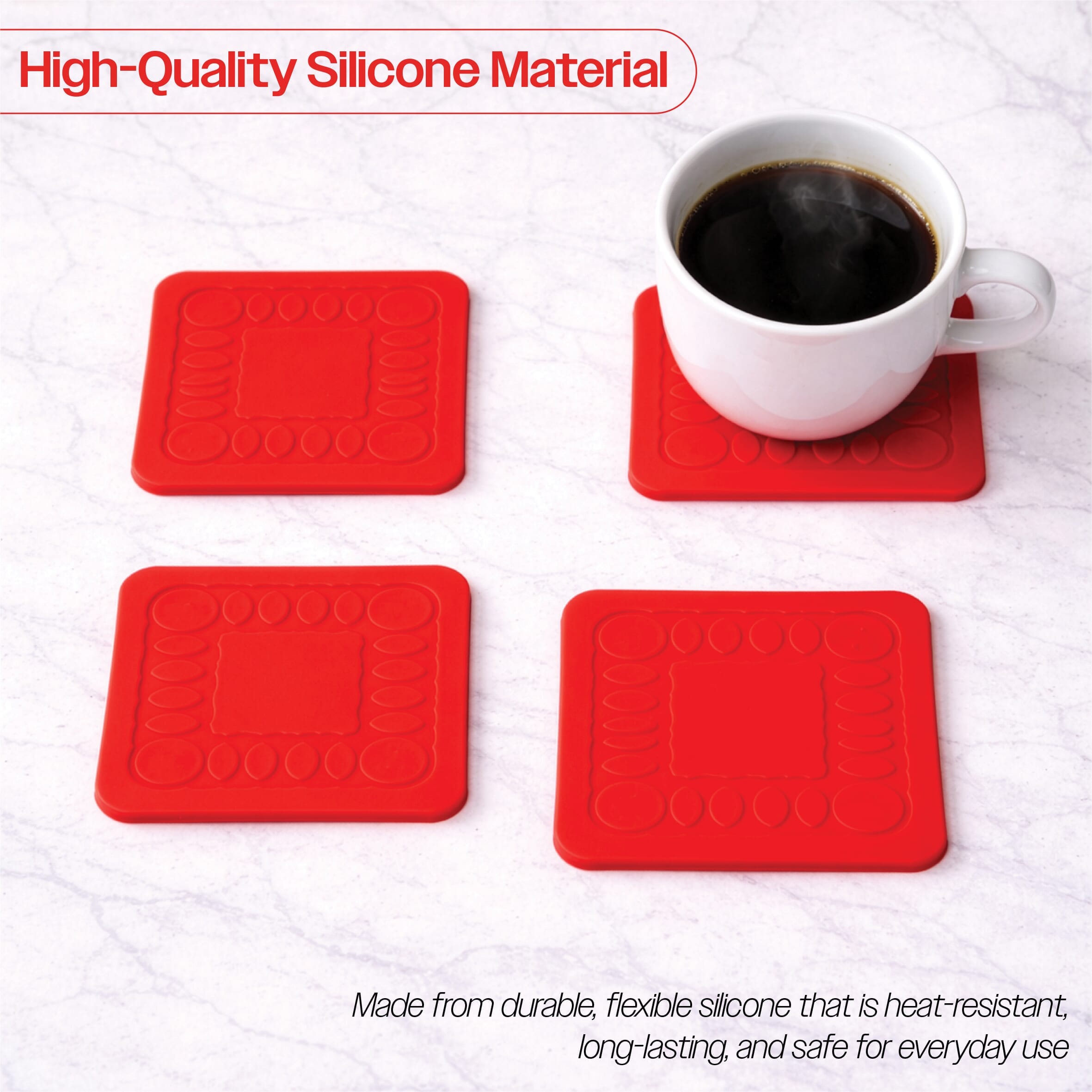 non slip square silicone coaster pack of 4 9cm red high quality