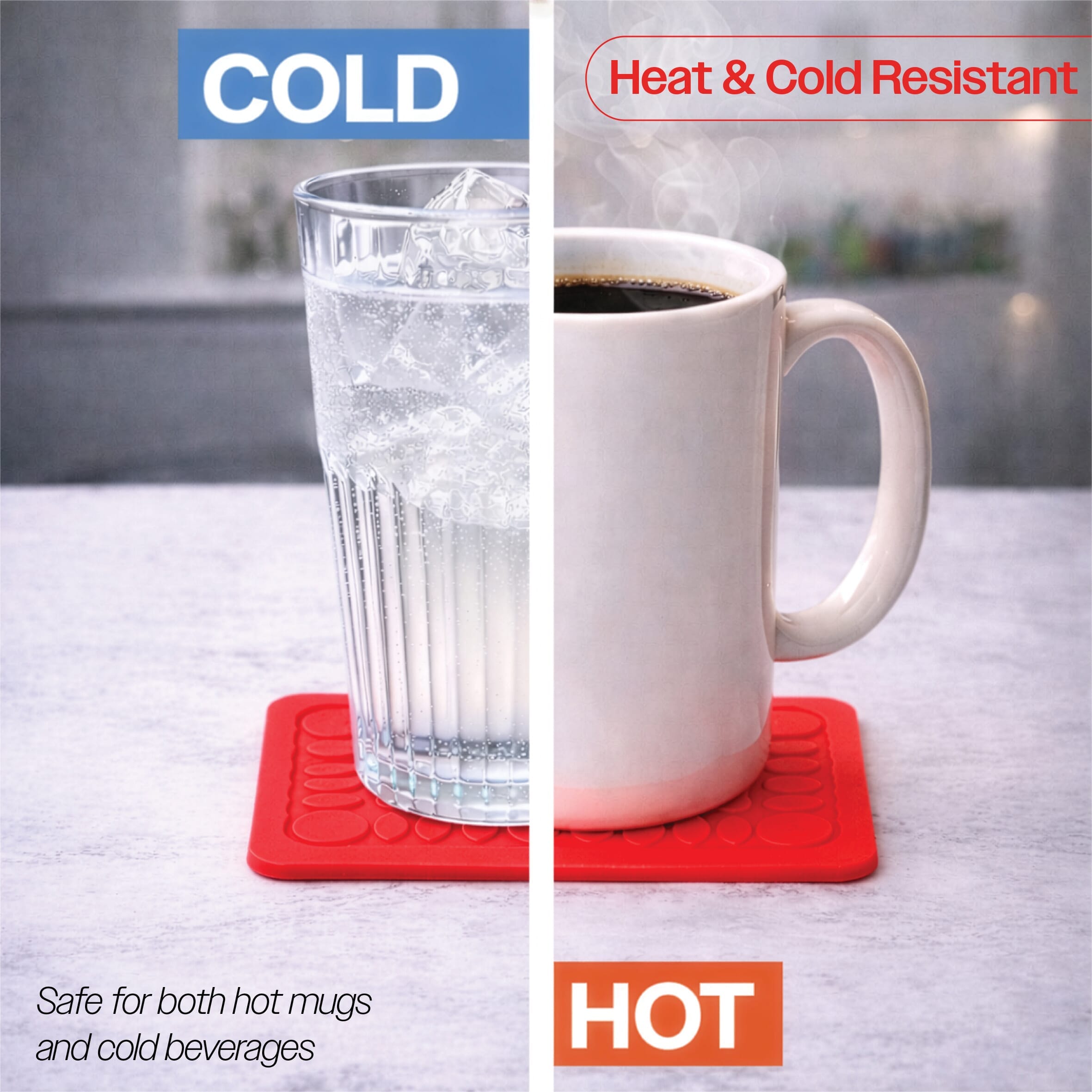 non slip square silicone coaster pack of 4 9cm red hot or cold