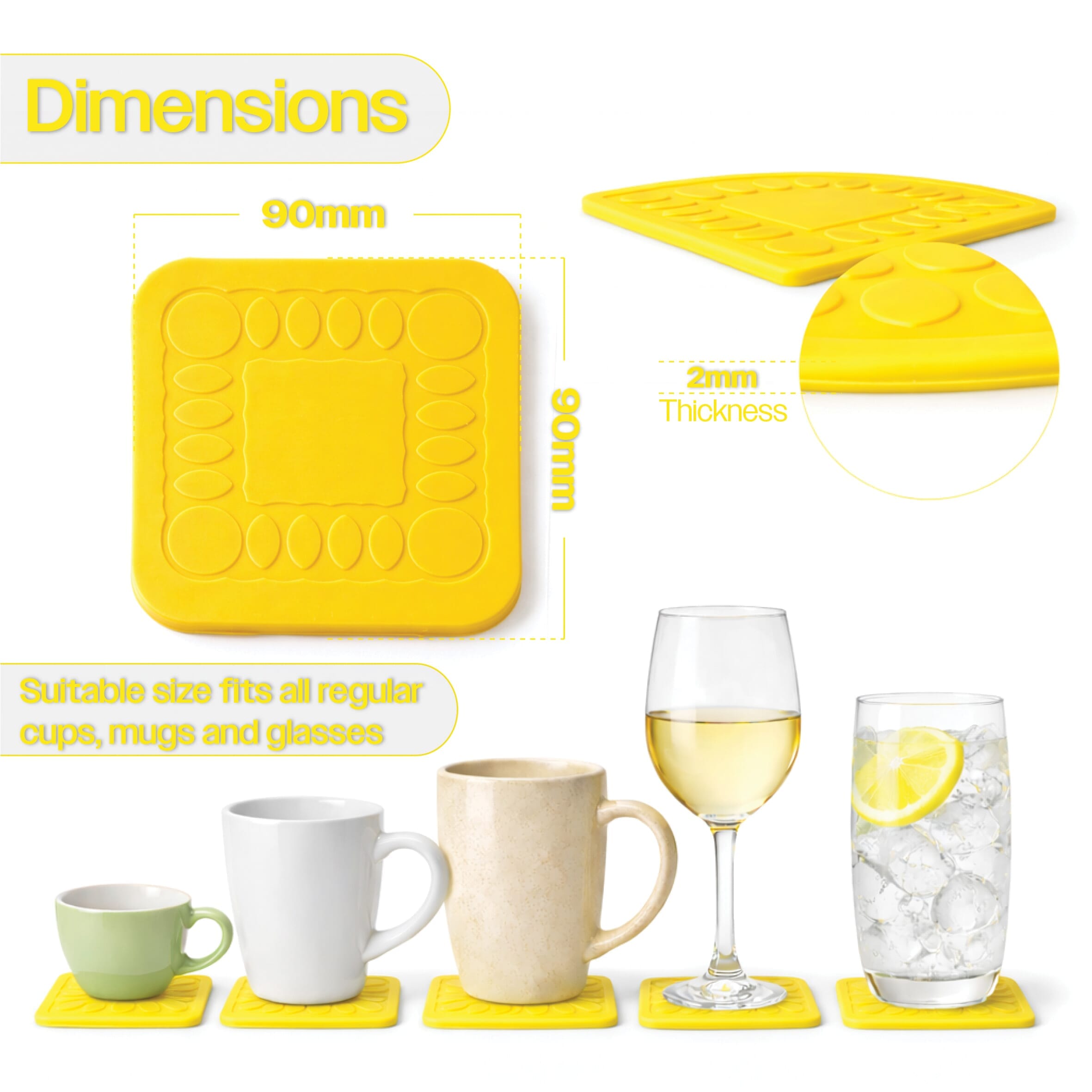 non slip square silicone coaster pack of 4 9cm yellow dimensions