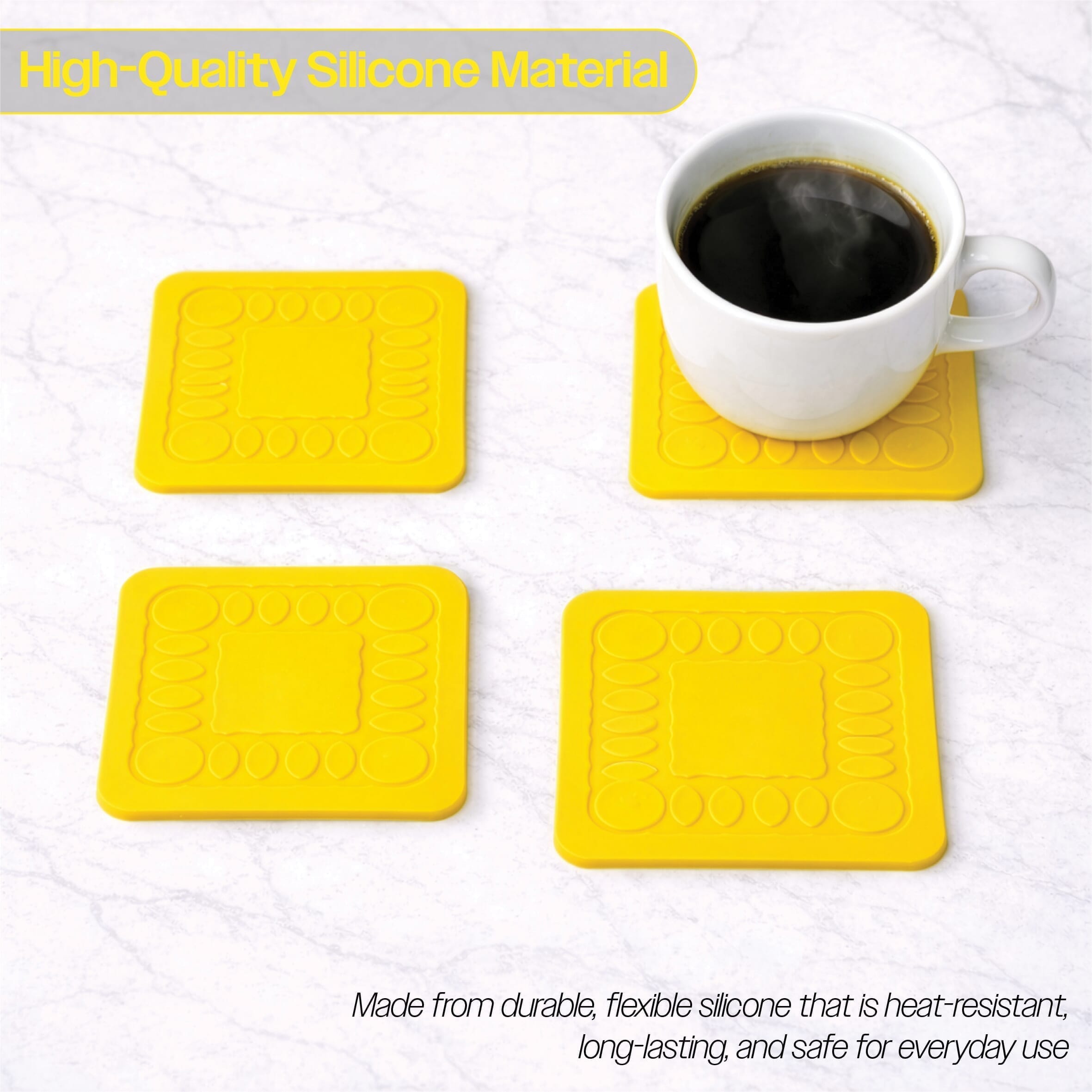 non slip square silicone coaster pack of 4 9cm yellow high quality