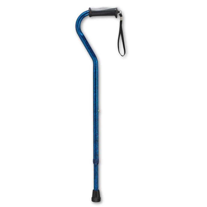 offset handle walking stick with soft grip blue crackle