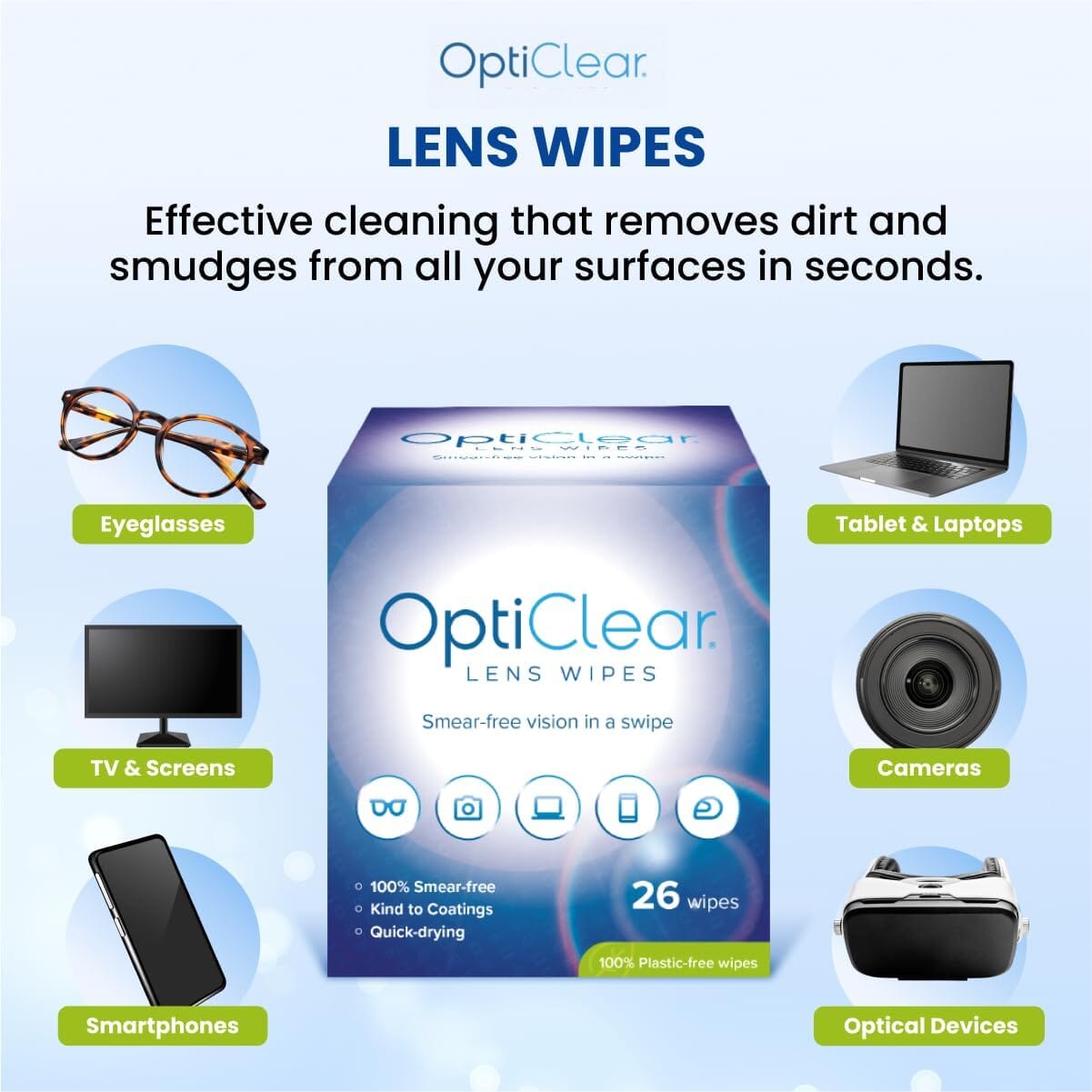 opticlear lens cleaning wipes surfaces