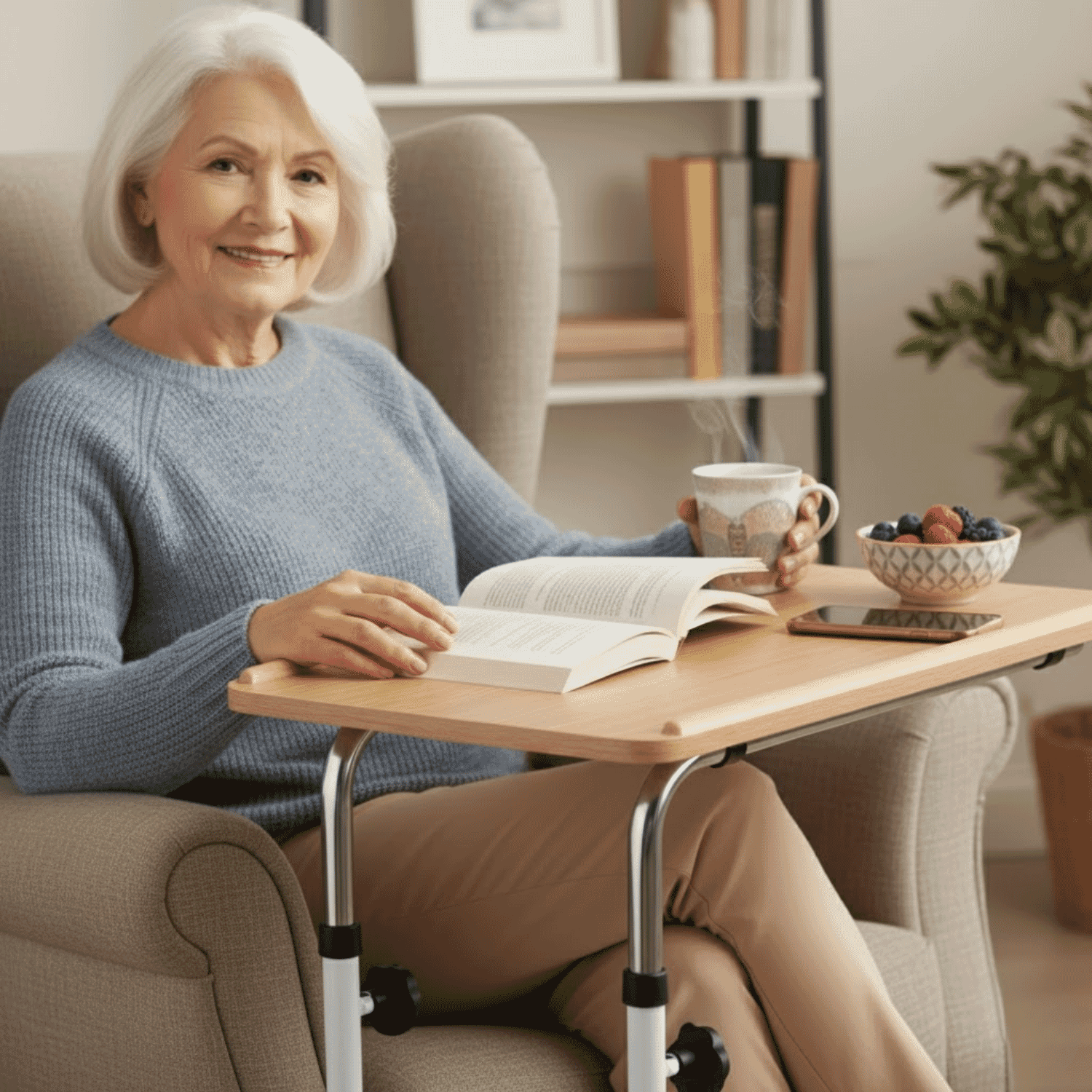 over bed chair table with castors in use