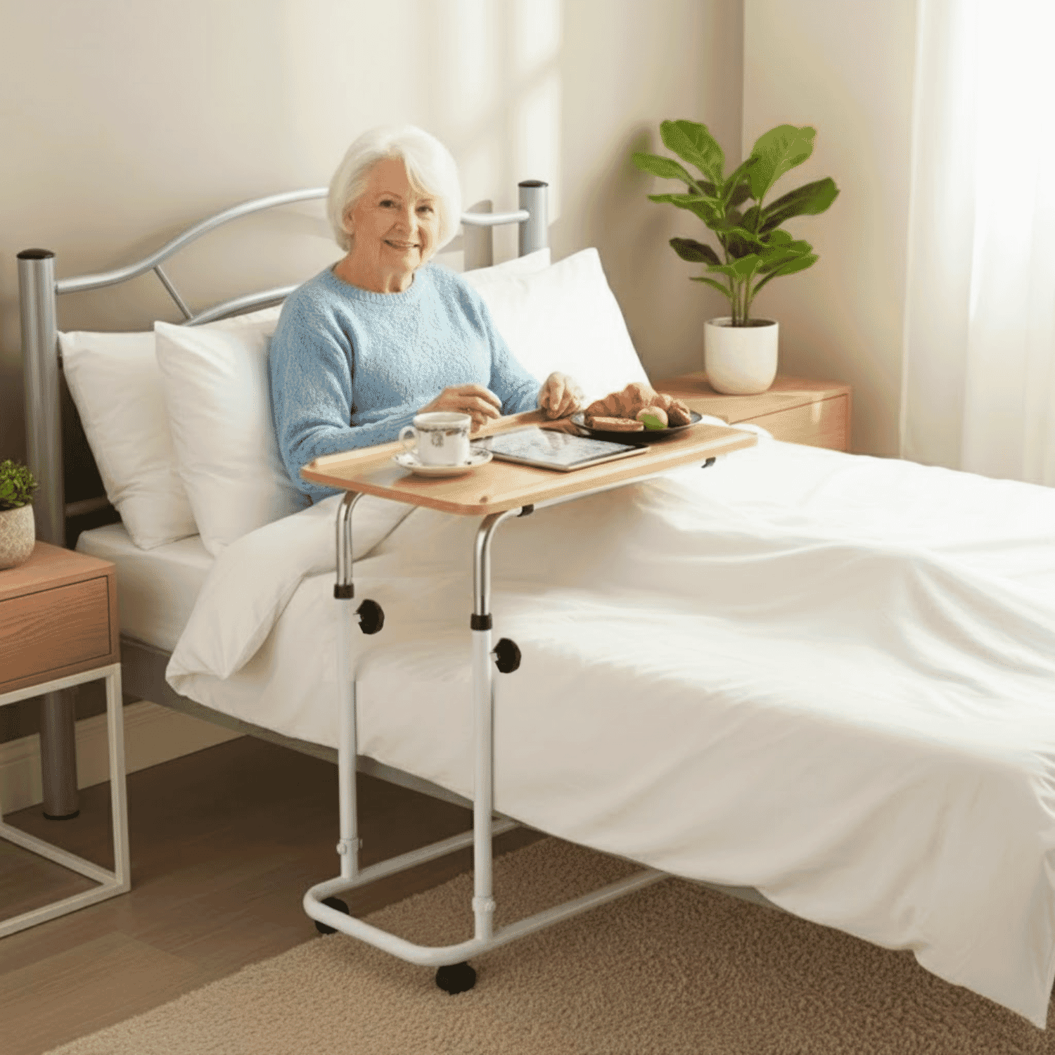 over bed chair table with castors lifestyle