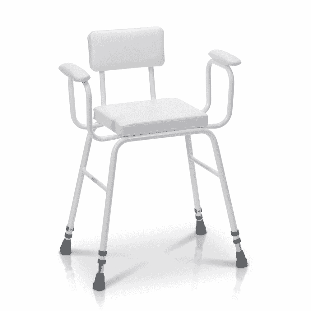 perching stool in white foam seat back arms adjustable height