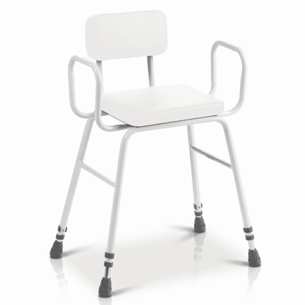 perching stool in white foam seat back steel arms adjustable height