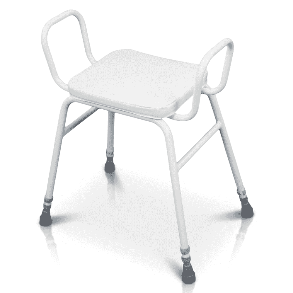 perching stool in white foam seat steel arms adjustable height