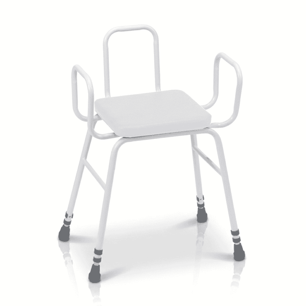 perching stool in white foam seat steel back arms adjustable height