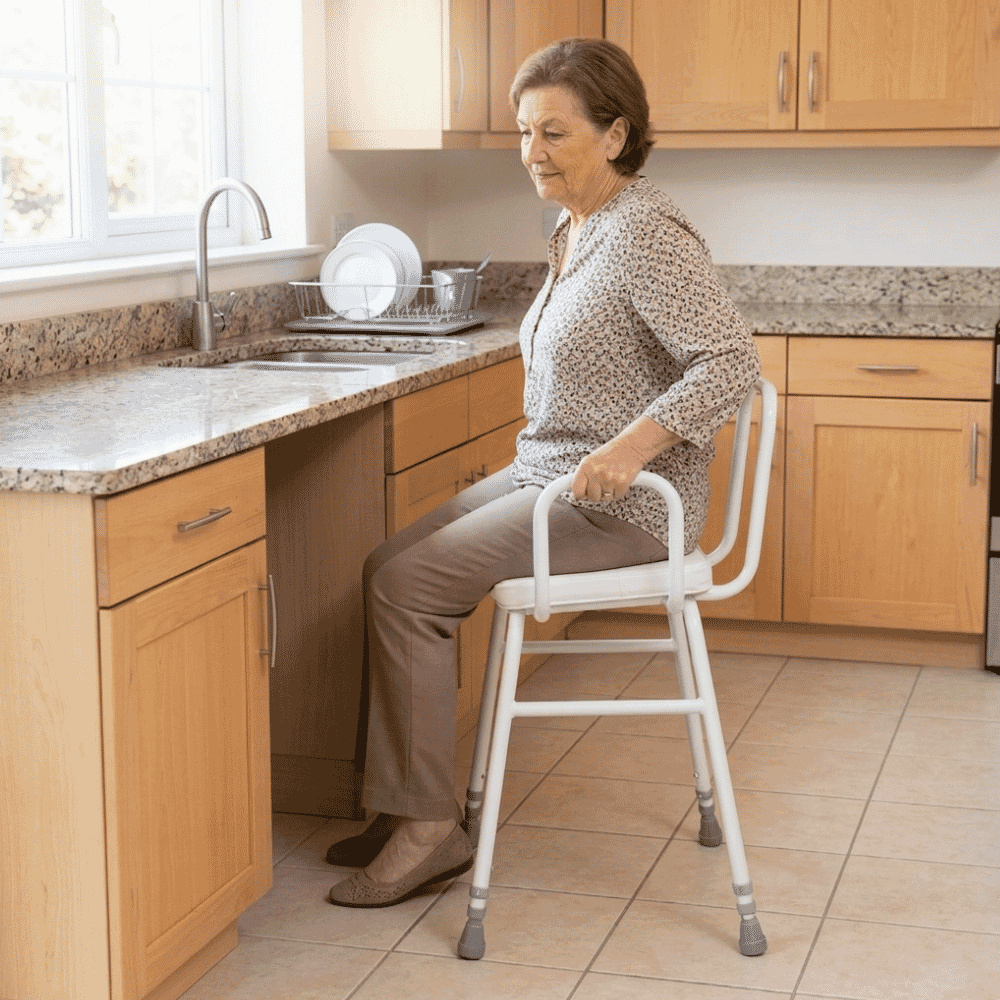 perching stool with back and arms in use in kitchen